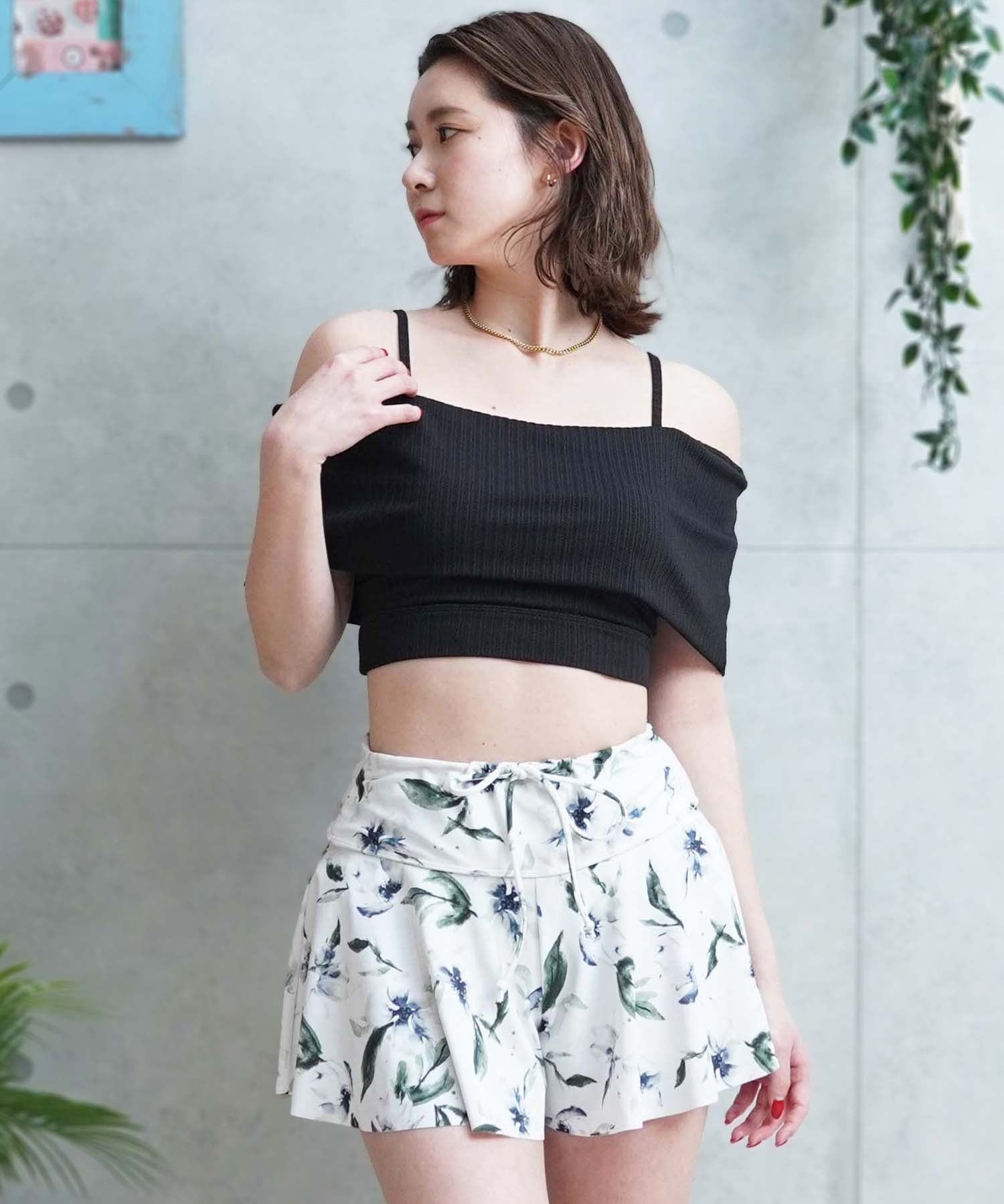 LAETITIA レリッタ 水着 レディース  オフショルダー 花柄 ショートパンツ 3点セット 441401(BK-9)