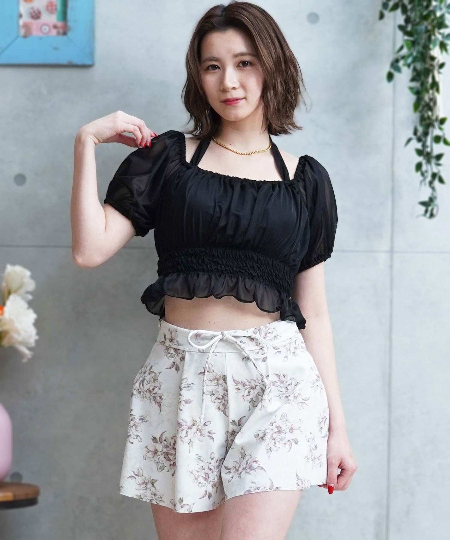 LAETITIA レリッタ 水着 レディース  オフショルダー パフスリーブ ショートパンツ 3点セット 441501(BK-9)