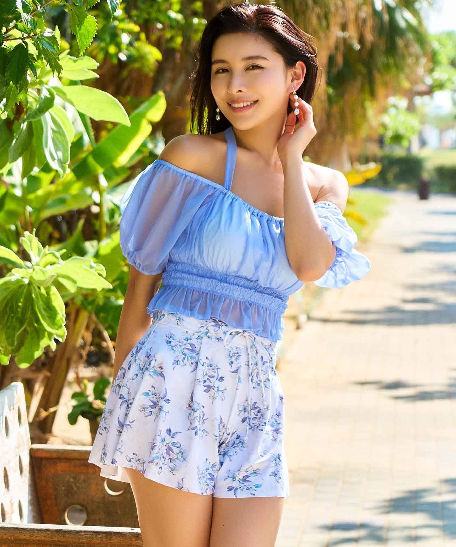 LAETITIA レリッタ 水着 レディース  オフショルダー パフスリーブ ショートパンツ 3点セット 441501(BL-9)