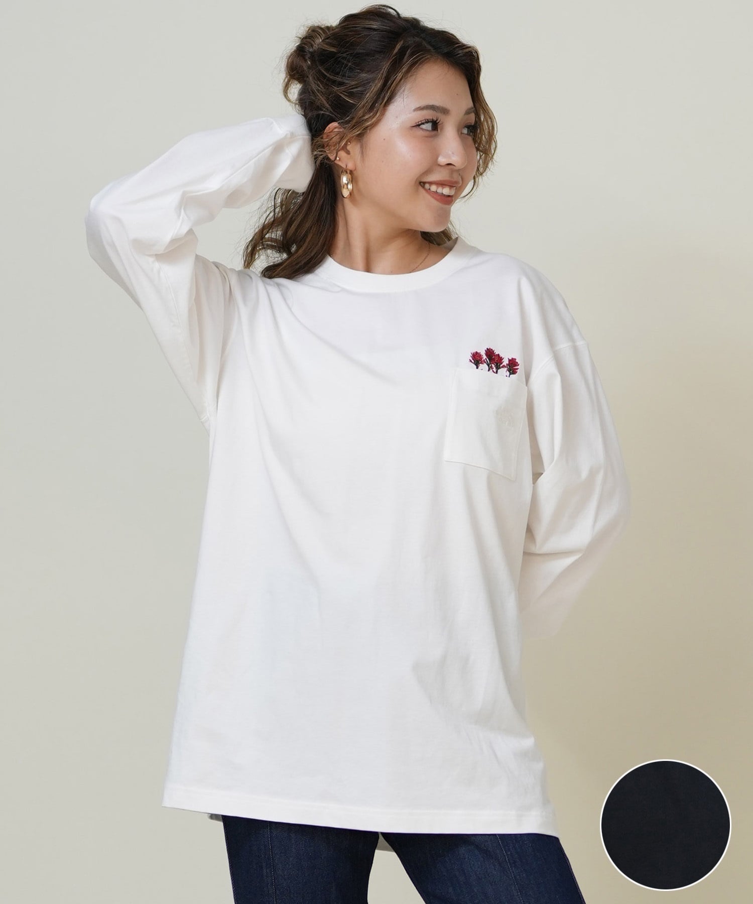 THE NORTH FACE ザ・ノース・フェイス 長袖 Tシャツ ロンT レディース 刺繍 花 ロングスリーブフラッシュドライフラワーロゴティー NT82535(K-S)