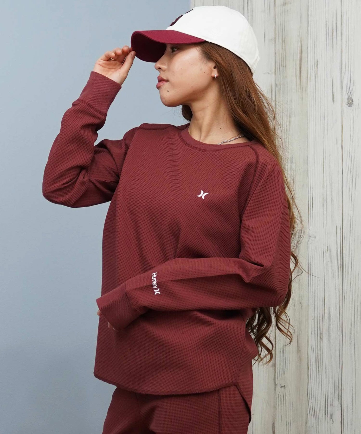 Hurley ハーレー 長袖 Tシャツ ロンT レディース サーマル ワッフル素材 ロゴ ワンポイント セットアップ対応 THERMAL LS TEE WCLS252046(MAR-M)