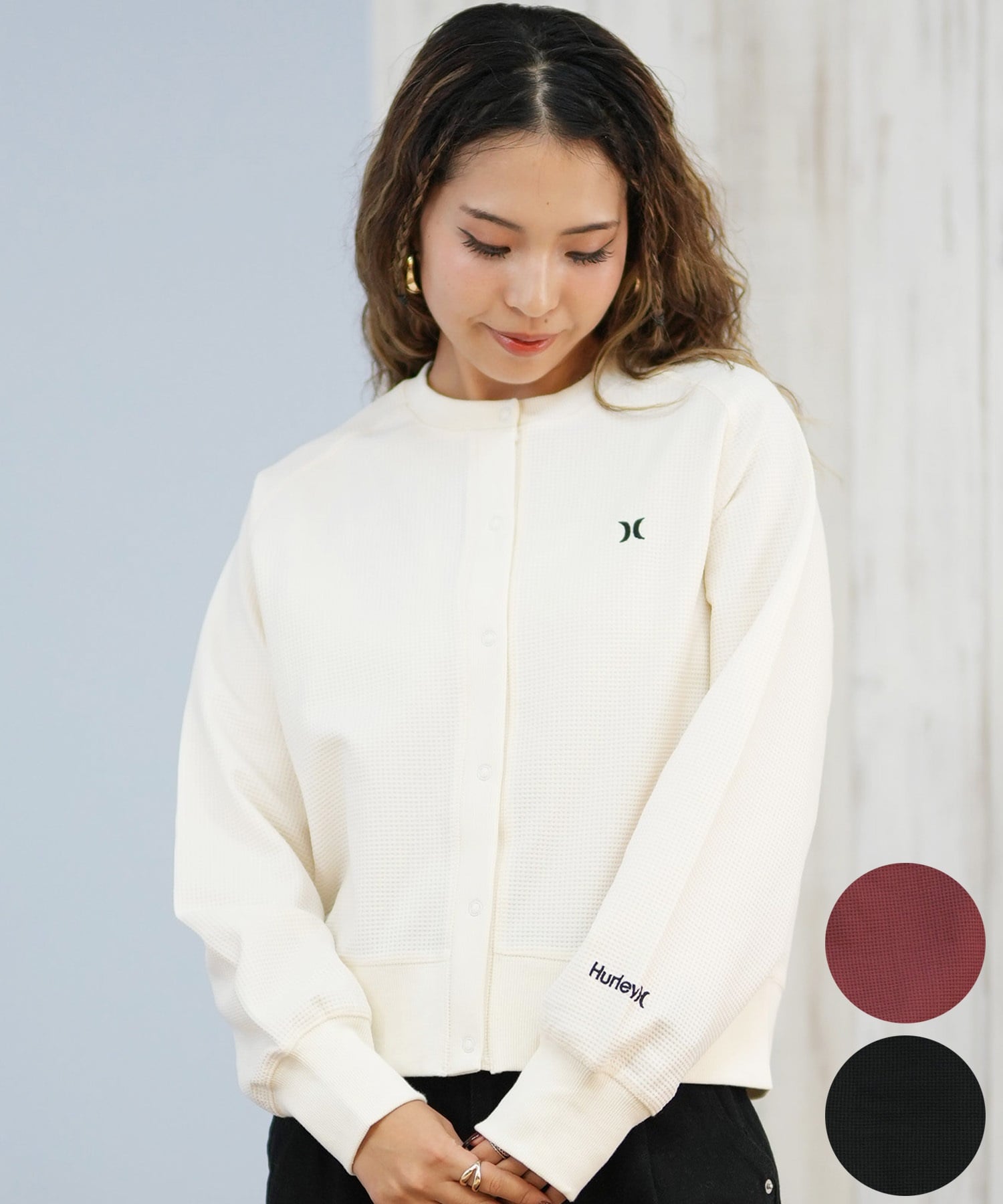 Hurley ハーレー カーディガン レディース シンプル ロゴ THERMAL CARDIGAN WCLS252047(BLK-M)