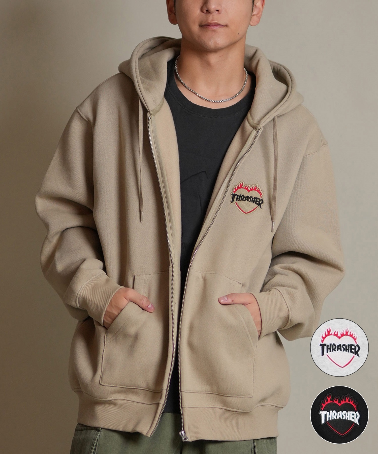 THRASHER スラッシャー ジップアップ パーカー メンズ スウェット フーディー ロゴ ワンポイント 裏起毛 254TH1PK065(WHT-M)