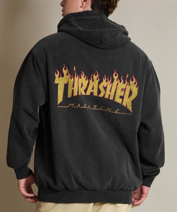 THRASHER スラッシャー ジップアップ パーカー メンズ スウェット フーディー ロゴ バックプリント ピグメント加工 ミニ裏毛 254TH1PK070