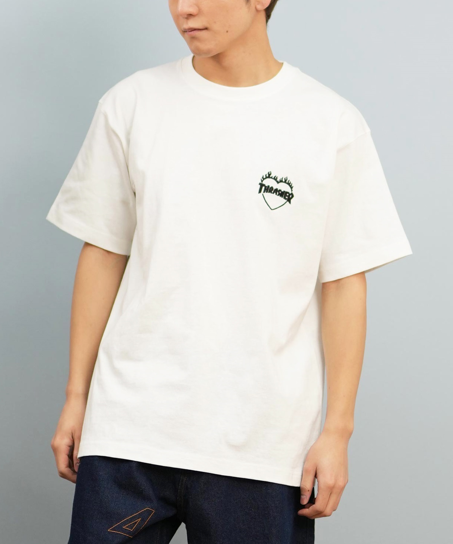THRASHER スラッシャー 半袖 Tシャツ メンズ フロント刺繍 オーバーサイズ 252TH1ST040 ムラサキスポーツ限定(WHT-S)