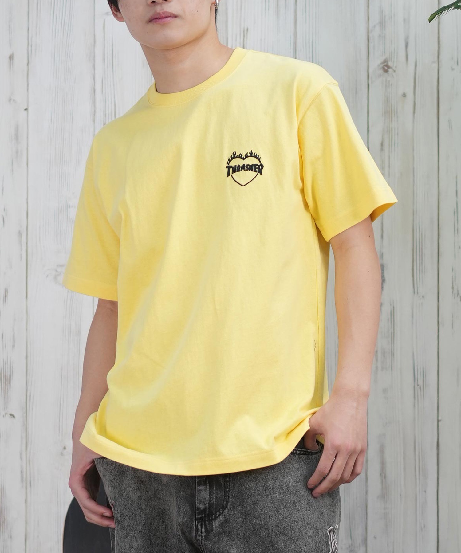 THRASHER スラッシャー 半袖 Tシャツ メンズ フロント刺繍 オーバーサイズ 252TH1ST040 ムラサキスポーツ限定(YEL-S)