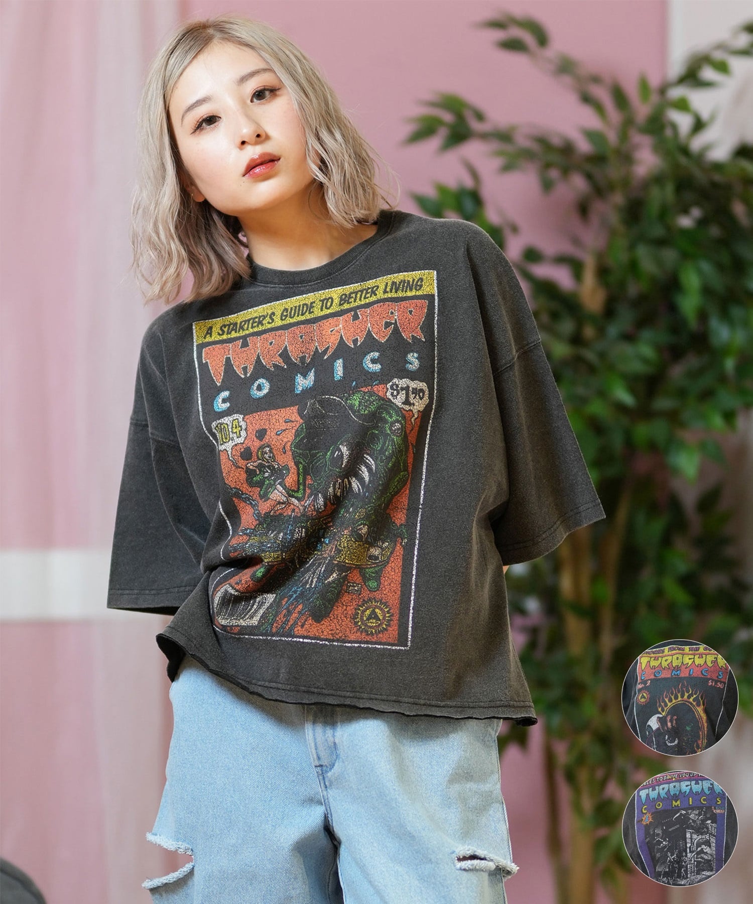 THRASHER スラッシャー 半袖 Tシャツ レディース コミックプリント クロップド丈 252TH2ST026(BLK-1-FREE)