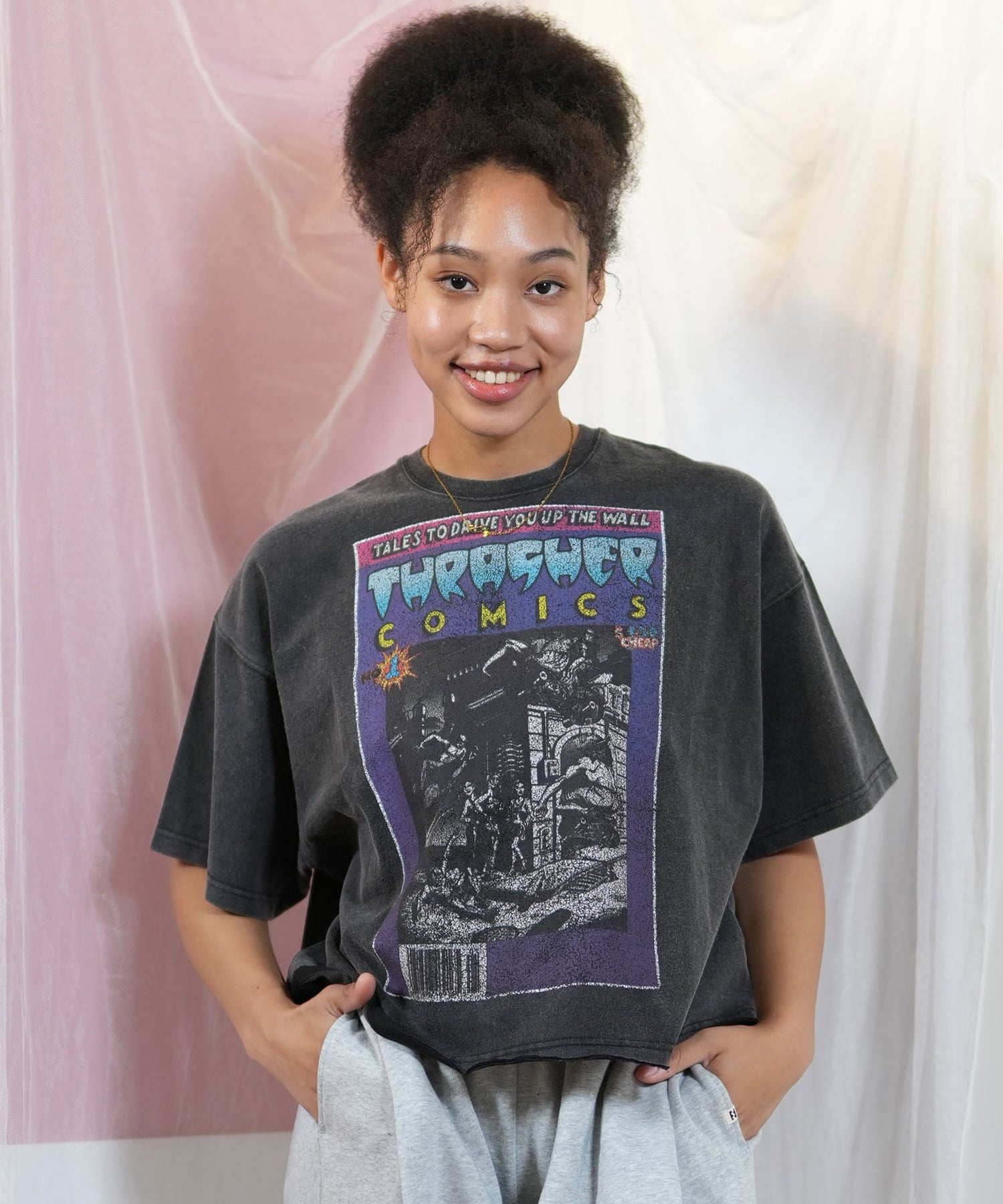 THRASHER スラッシャー 半袖 Tシャツ レディース コミックプリント クロップド丈 252TH2ST026(BLK-1-FREE)