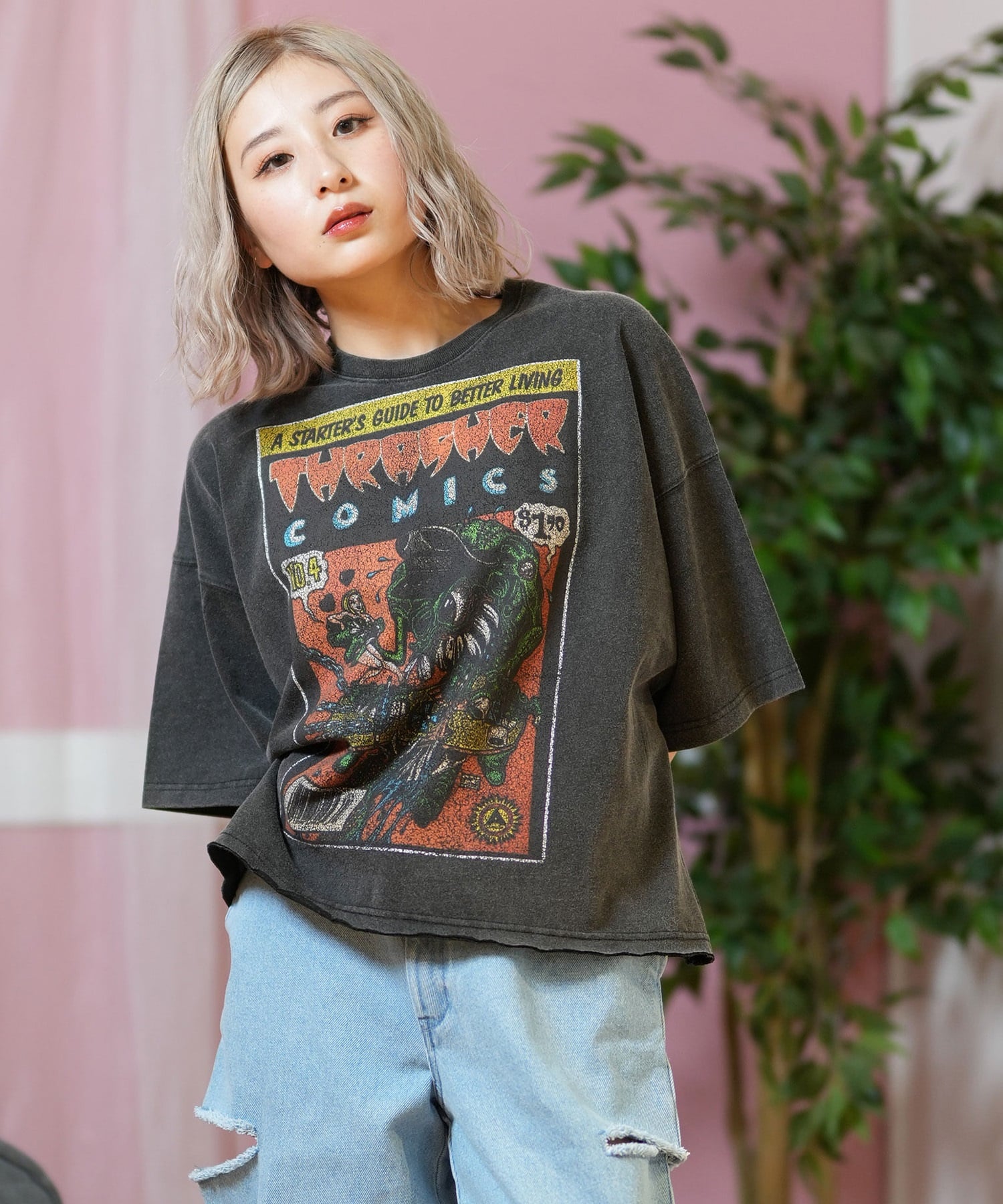 THRASHER スラッシャー 半袖 Tシャツ レディース コミックプリント クロップド丈 252TH2ST026(BLK-3-FREE)