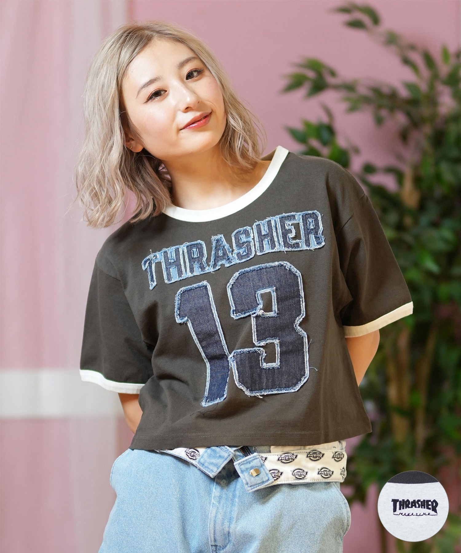 THRASHER スラッシャー 半袖 Tシャツ レディース ナンバリング リンガーシャツ 252TH2ST032(GRY-M)