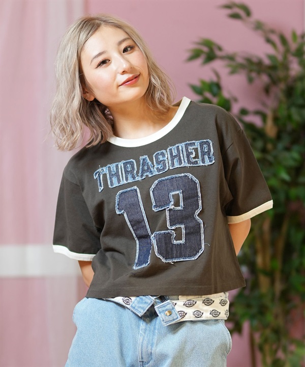 THRASHER スラッシャー 半袖 Tシャツ レディース ナンバリング リンガーシャツ 252TH2ST032(GRY-M)
