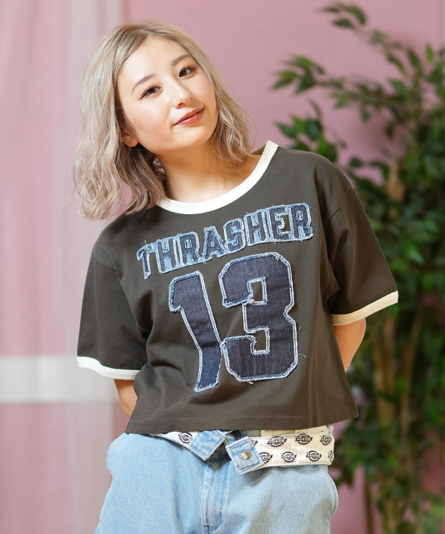 THRASHER スラッシャー 半袖 Tシャツ レディース ナンバリング リンガーシャツ 252TH2ST032(GRY-M)
