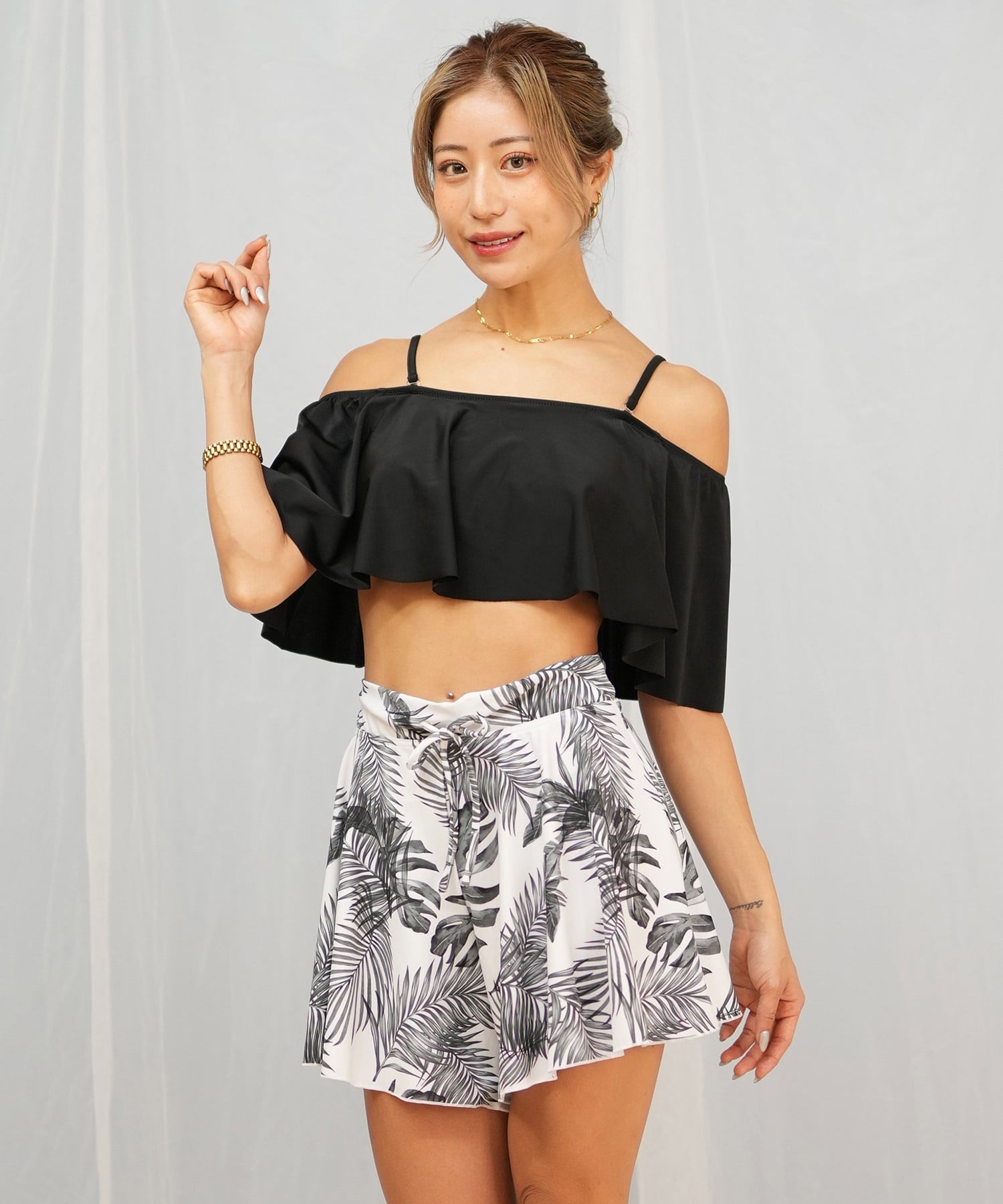 Beach Queen ビーチクイーン 水着 レディース  3点セット ショーツ付き フレア 403510(BLK-9)