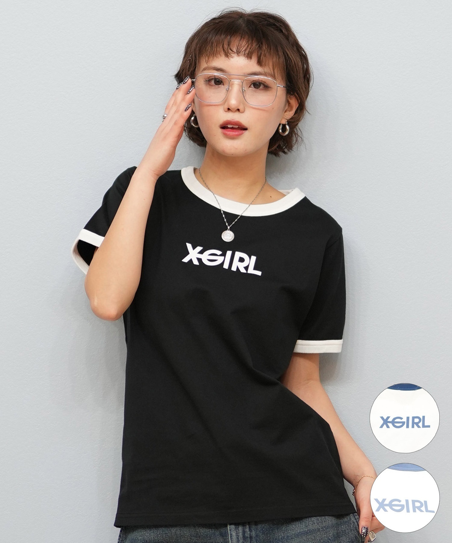 X-girl エックスガール 半袖 Tシャツ レディース リンガーシャツ フロントロゴ LOGO S S RINGER CLASSIC TEE 105251011031(BLACK-S)