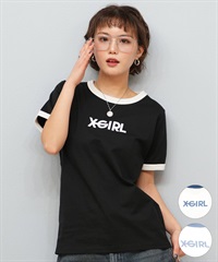 X-girl エックスガール 半袖 Tシャツ レディース リンガーシャツ フロントロゴ LOGO S S RINGER CLASSIC TEE 105251011031(BLACK-S)