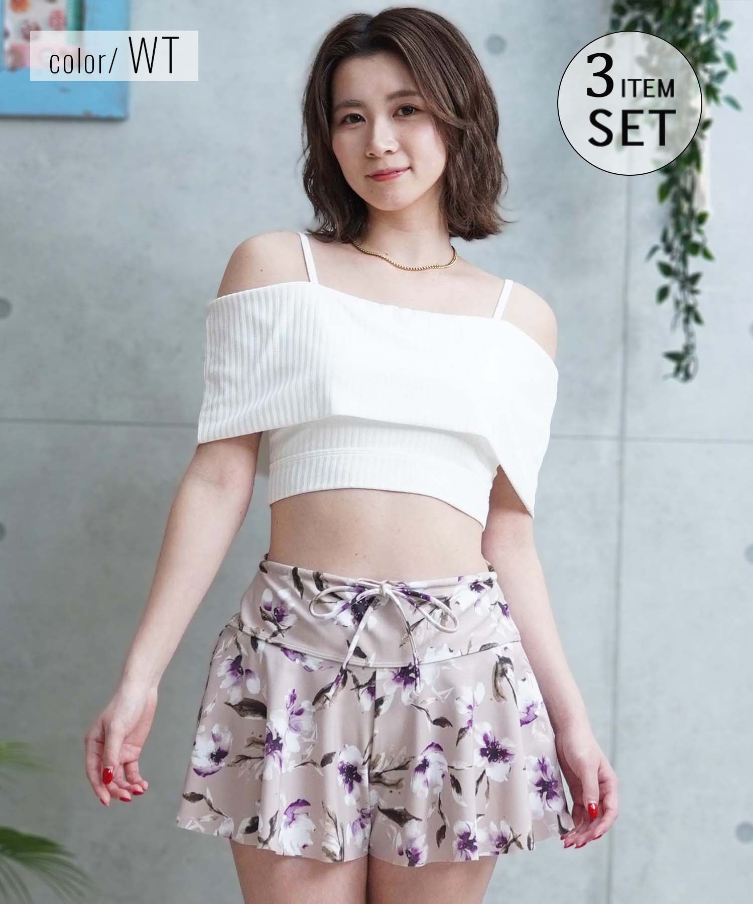 LAETITIA レリッタ 水着 レディース  オフショルダー 花柄 ショートパンツ 3点セット 441401(WT-9)