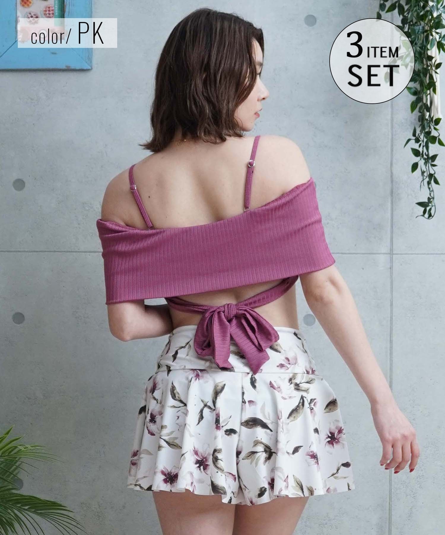 LAETITIA レリッタ 水着 レディース  オフショルダー 花柄 ショートパンツ 3点セット 441401(WT-9)