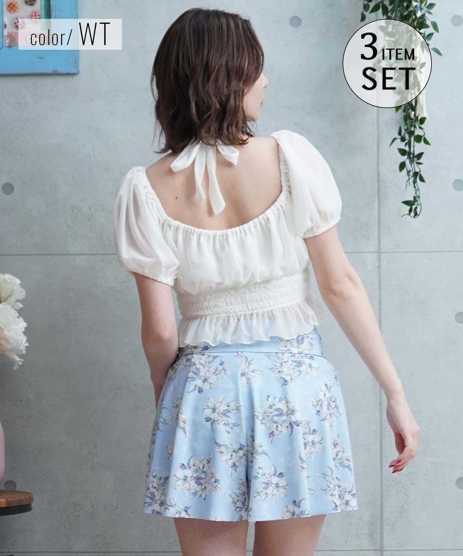 LAETITIA レリッタ 水着 レディース  オフショルダー パフスリーブ ショートパンツ 3点セット 441501(WT-9)