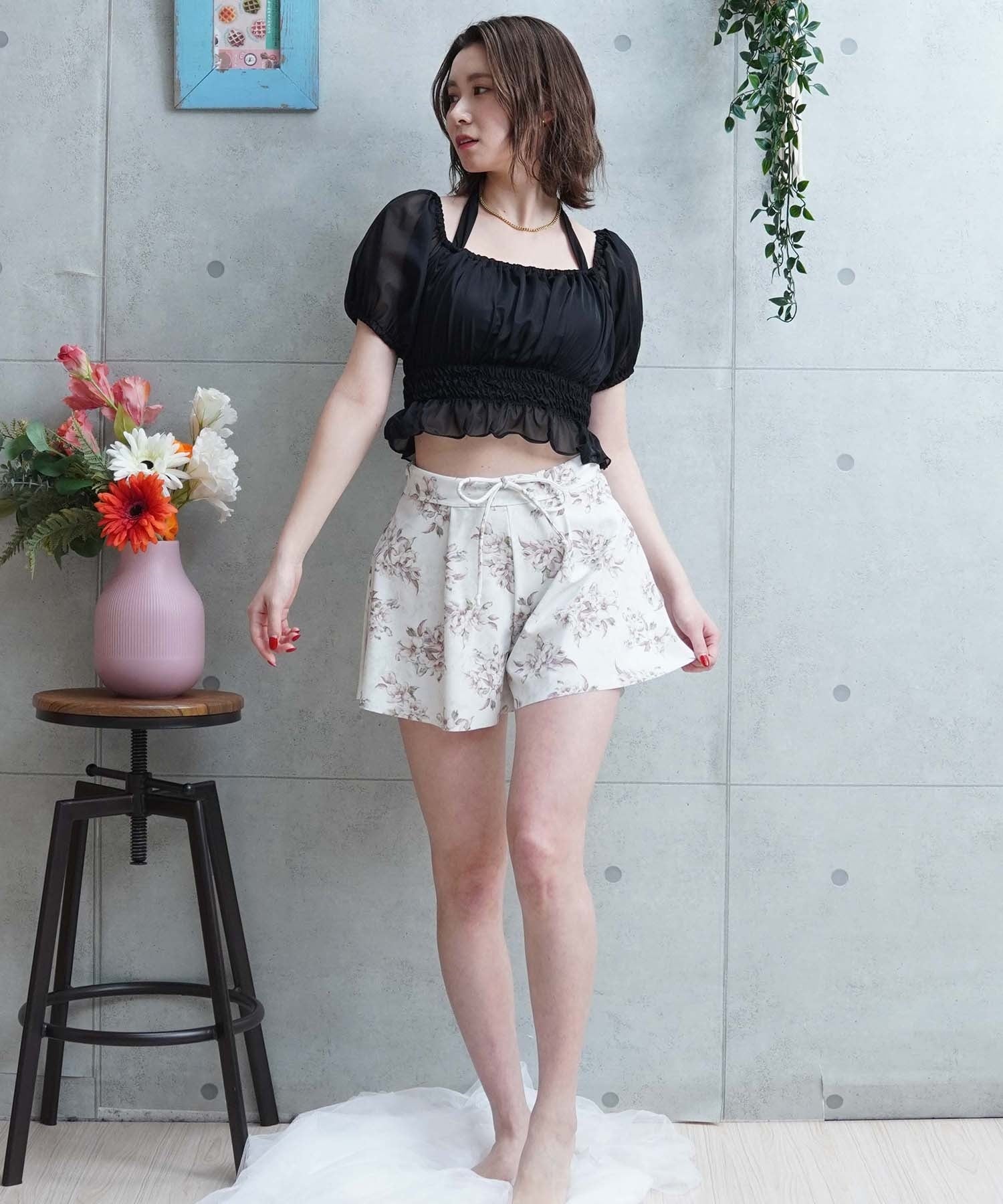 LAETITIA レリッタ 水着 レディース  オフショルダー パフスリーブ ショートパンツ 3点セット 441501(WT-9)