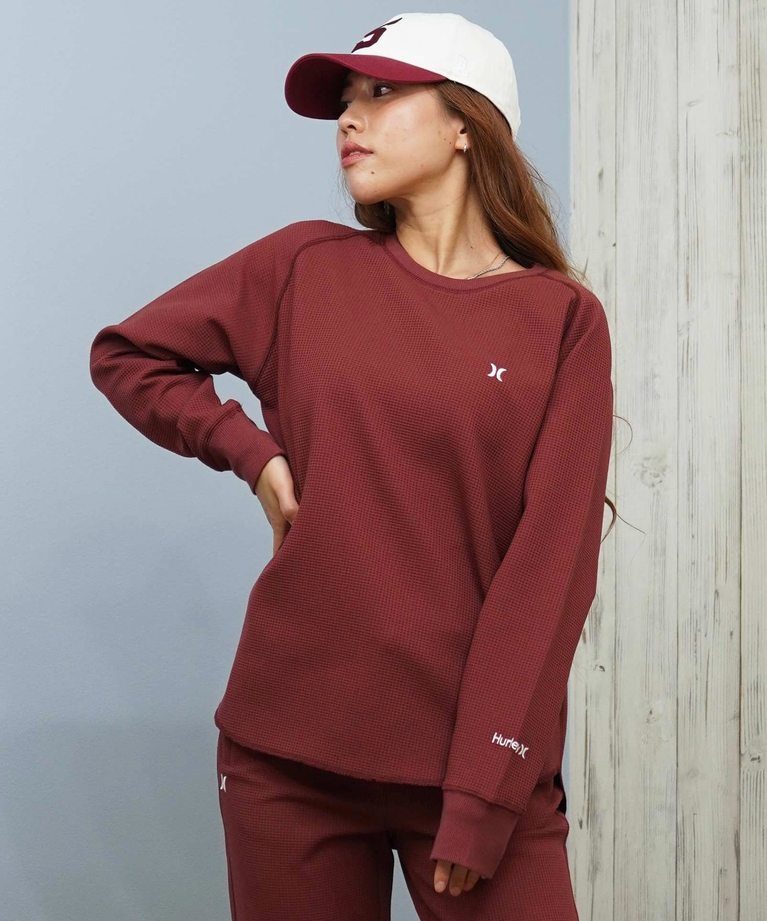 Hurley ハーレー 長袖 Tシャツ ロンT レディース サーマル ワッフル素材 ロゴ ワンポイント セットアップ対応 THERMAL LS TEE WCLS252046(OWHT-M)