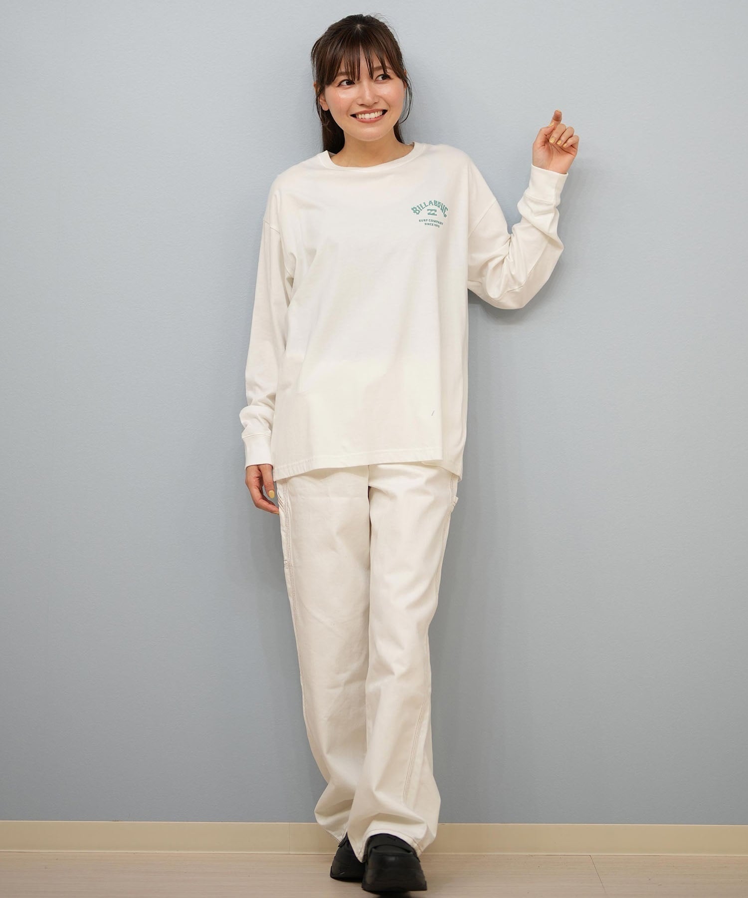 BILLABONG ビラボン 長袖 Tシャツ ロンT レディース バックプリント SQUARE LOGO BOY FIT LS TEE BF014-052(BLK-M)