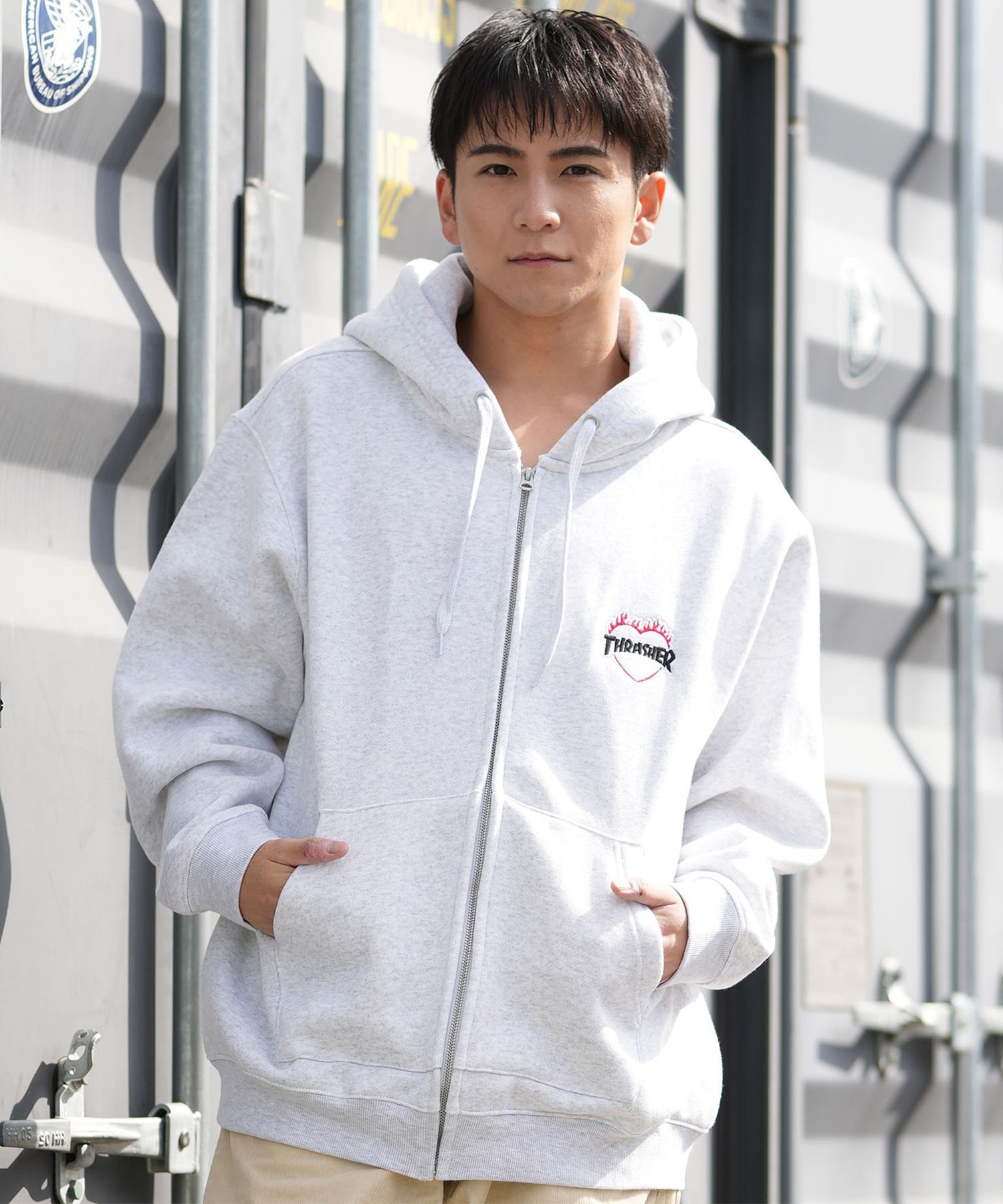 THRASHER スラッシャー ジップアップ パーカー メンズ スウェット フーディー ロゴ ワンポイント 裏起毛 254TH1PK065(WHT-M)