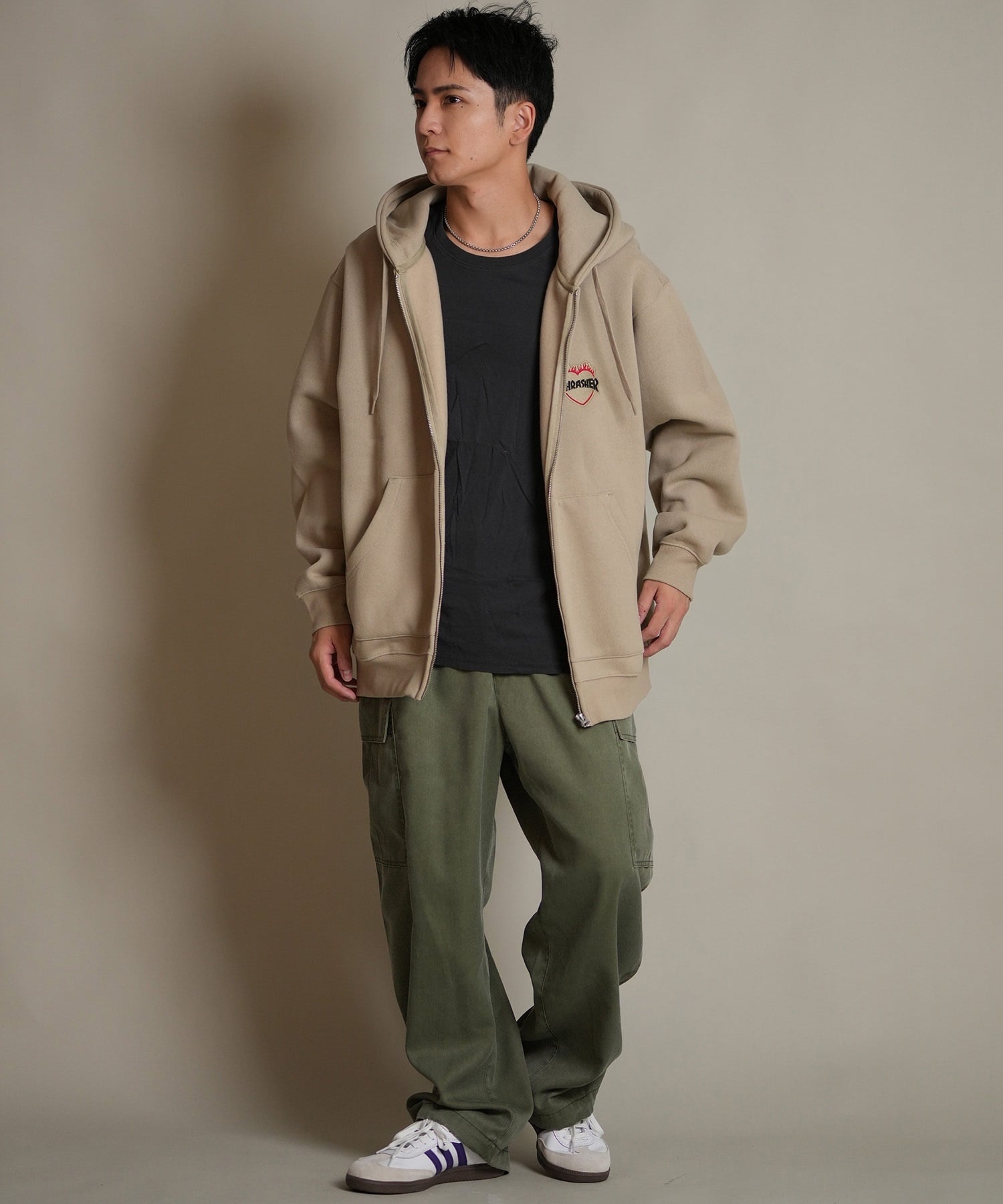 THRASHER スラッシャー ジップアップ パーカー メンズ スウェット フーディー ロゴ ワンポイント 裏起毛 254TH1PK065(WHT-M)