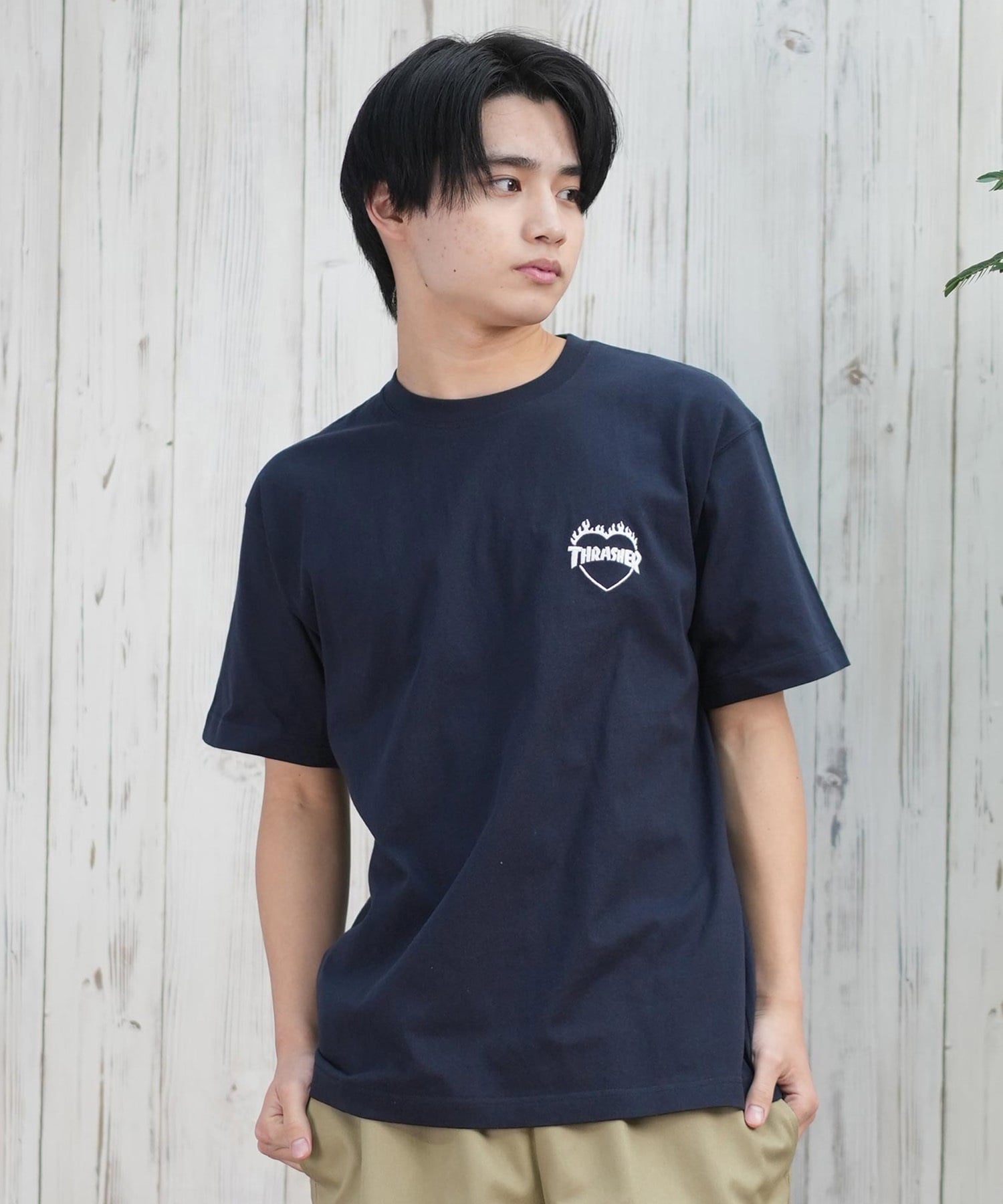 THRASHER スラッシャー 半袖 Tシャツ メンズ フロント刺繍 オーバーサイズ 252TH1ST040 ムラサキスポーツ限定(WHT-S)