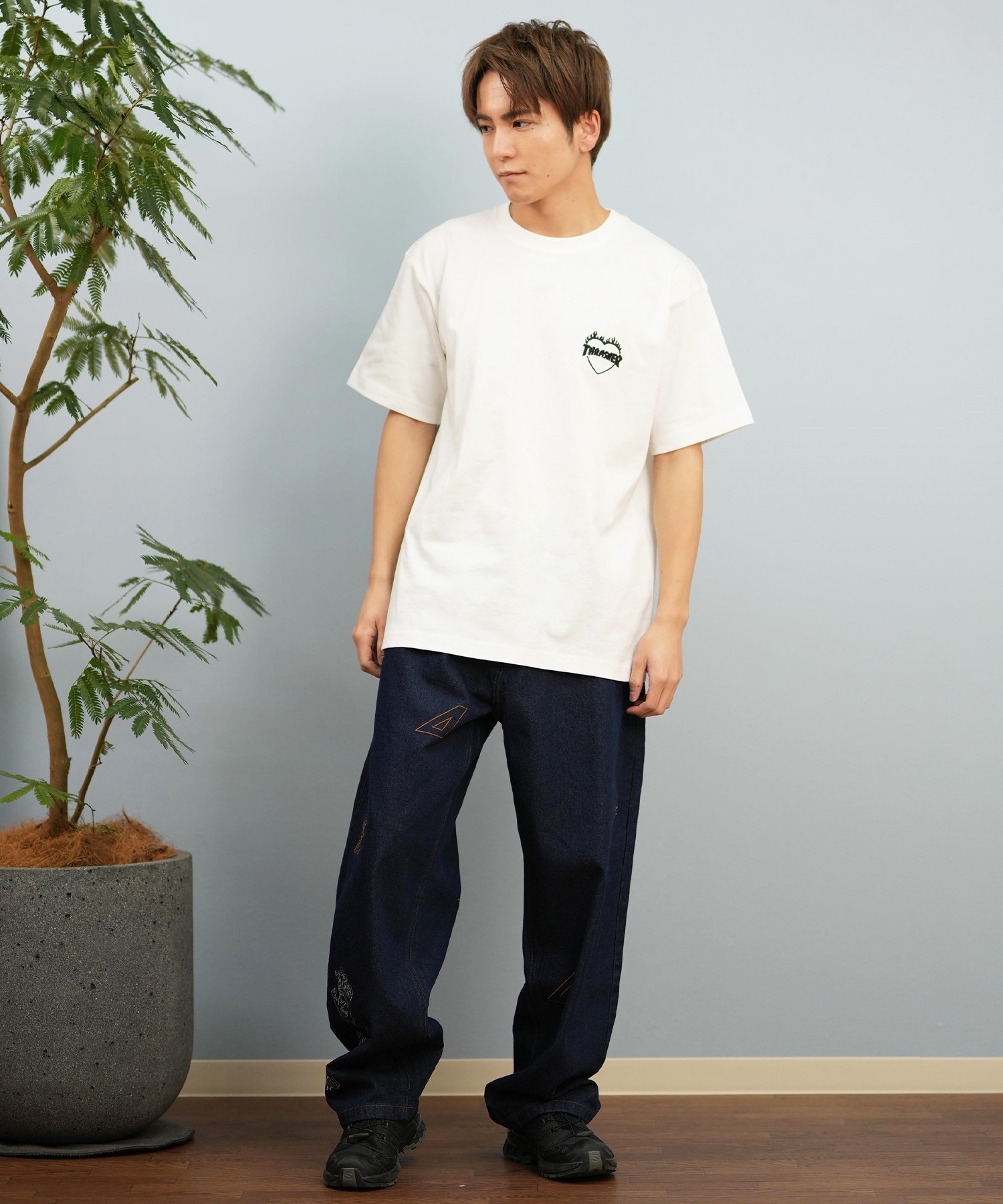 THRASHER スラッシャー 半袖 Tシャツ メンズ フロント刺繍 オーバーサイズ 252TH1ST040 ムラサキスポーツ限定(WHT-S)