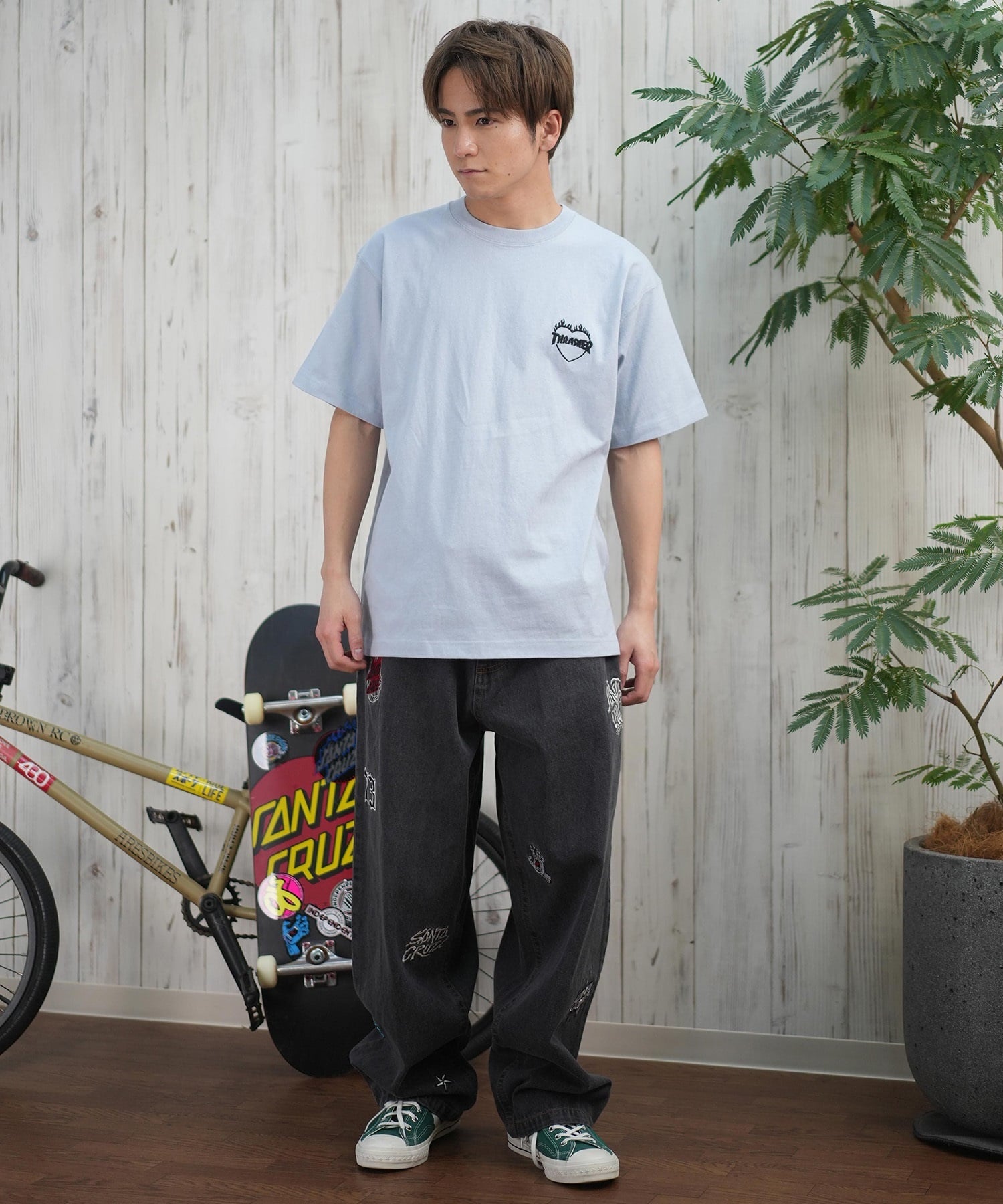 THRASHER スラッシャー 半袖 Tシャツ メンズ フロント刺繍 オーバーサイズ 252TH1ST040 ムラサキスポーツ限定(WHT-S)