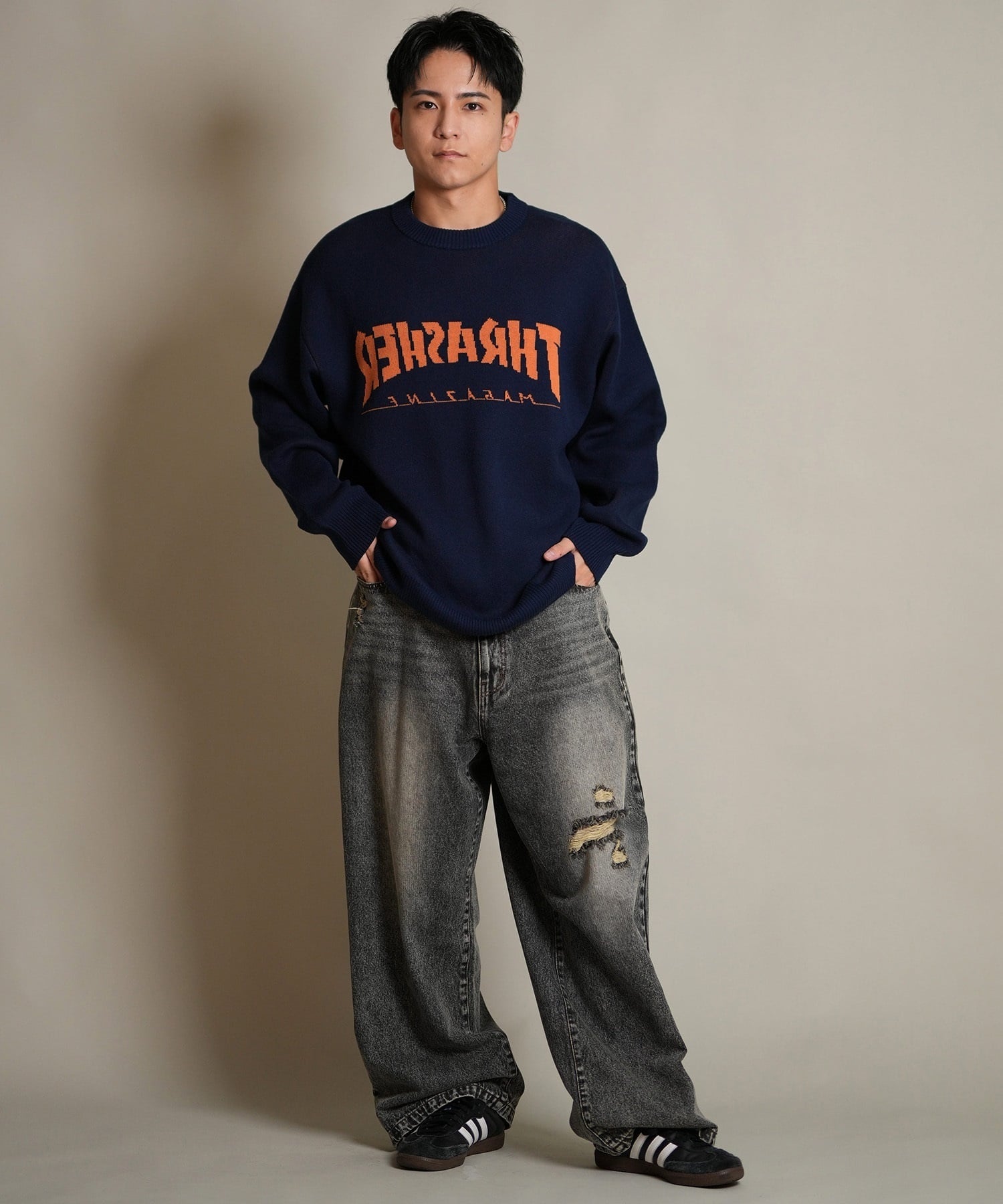 THRASHER スラッシャー ロングパンツ メンズ デニム パンツ Gパン 古着風 ウォッシュ加工 ダメージ加工 ヴィンテージ加工 254TH1LP140(BLK-M)