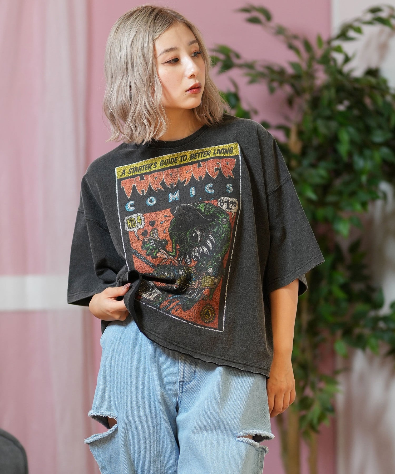 THRASHER スラッシャー 半袖 Tシャツ レディース コミックプリント クロップド丈 252TH2ST026(BLK-1-FREE)