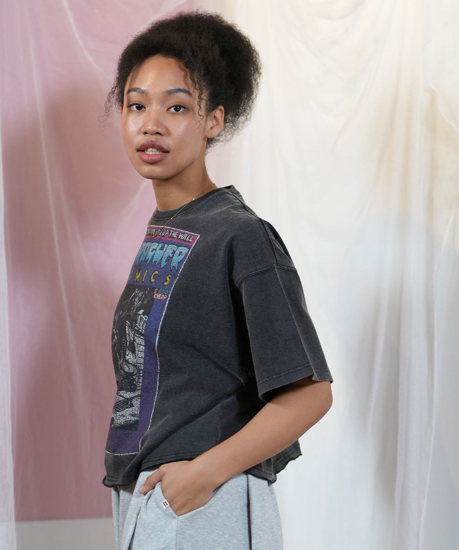 THRASHER スラッシャー 半袖 Tシャツ レディース コミックプリント クロップド丈 252TH2ST026(BLK-1-FREE)