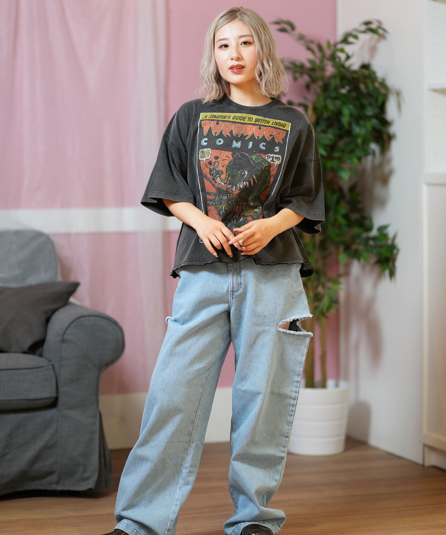 THRASHER スラッシャー 半袖 Tシャツ レディース コミックプリント クロップド丈 252TH2ST026(BLK-1-FREE)