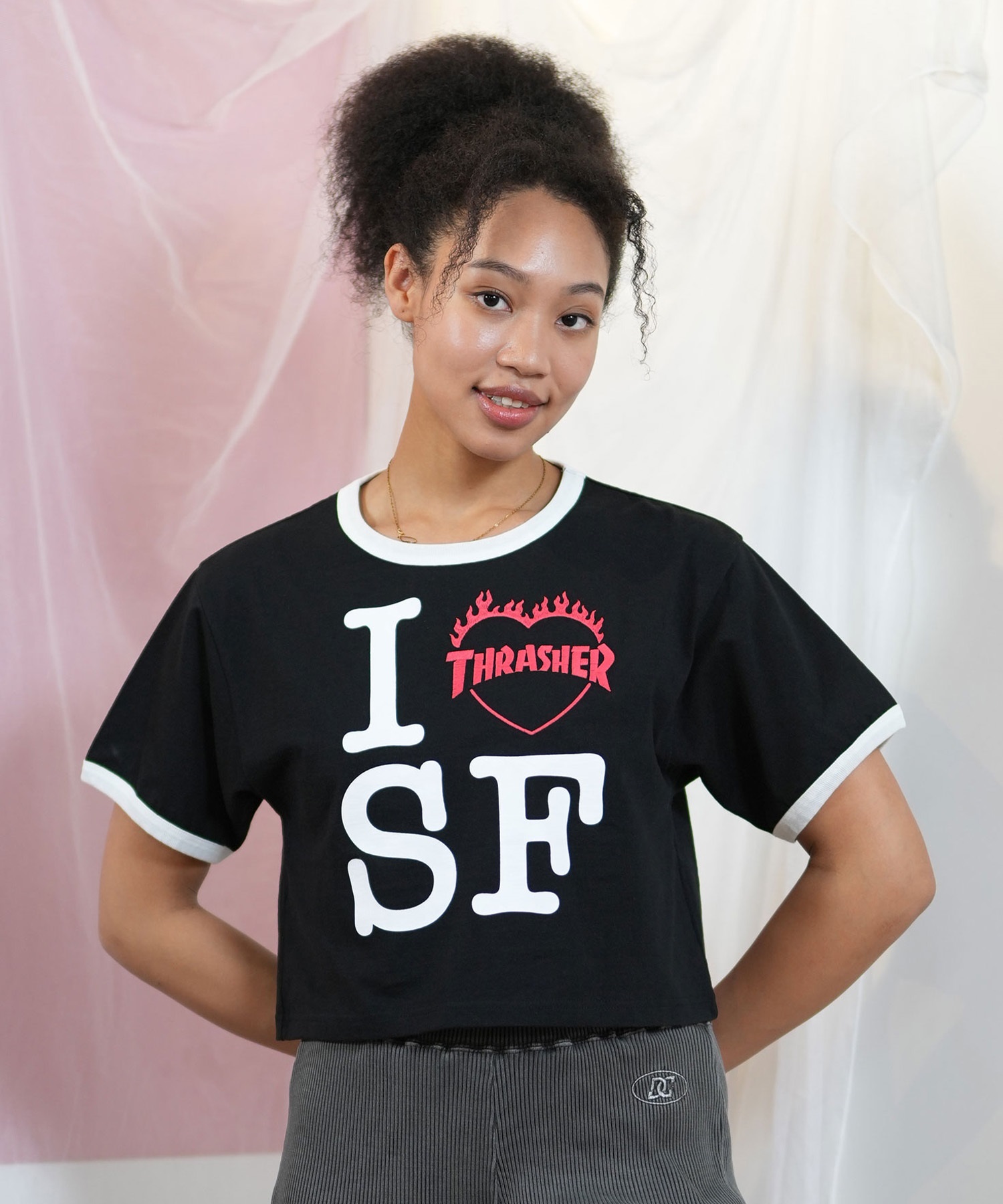 THRASHER スラッシャー 半袖 Tシャツ レディース アイラブTシャツ リンガーシャツ 252TH2ST031(WHT-M)