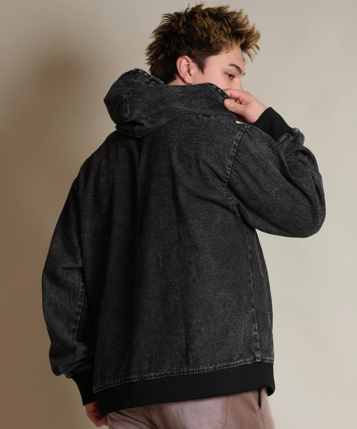 DEAR LAUREL ディアローレル デニム パーカー ジャケット メンズ ジップアップ フーディー ウォッシュ加工 ヴィンテージ風 DENIM PARKA JK D25F-0105(BLK-M)