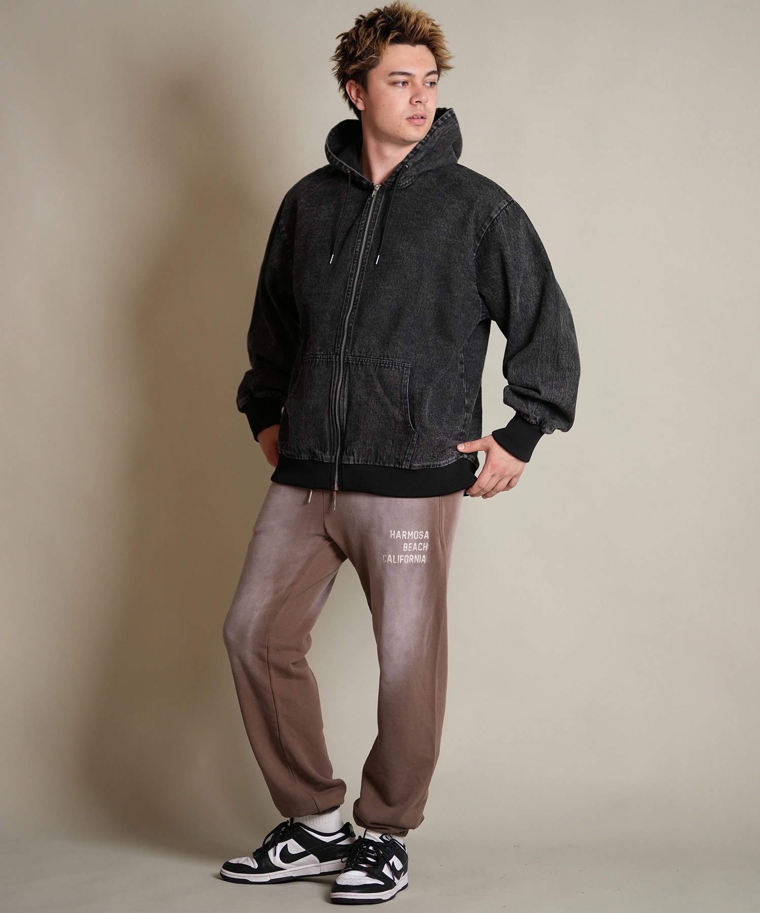 DEAR LAUREL ディアローレル デニム パーカー ジャケット メンズ ジップアップ フーディー ウォッシュ加工 ヴィンテージ風 DENIM PARKA JK D25F-0105(BLK-M)