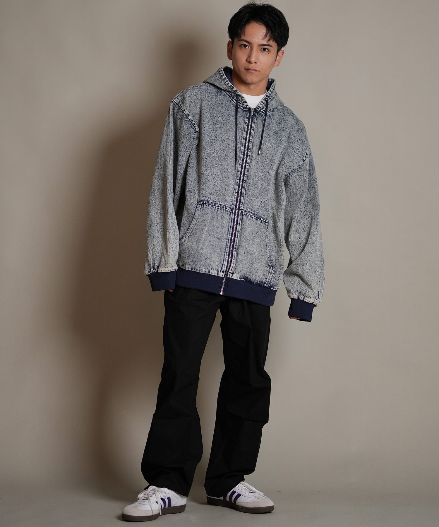 DEAR LAUREL ディアローレル デニム パーカー ジャケット メンズ ジップアップ フーディー ウォッシュ加工 ヴィンテージ風 DENIM PARKA JK D25F-0105(BLK-M)