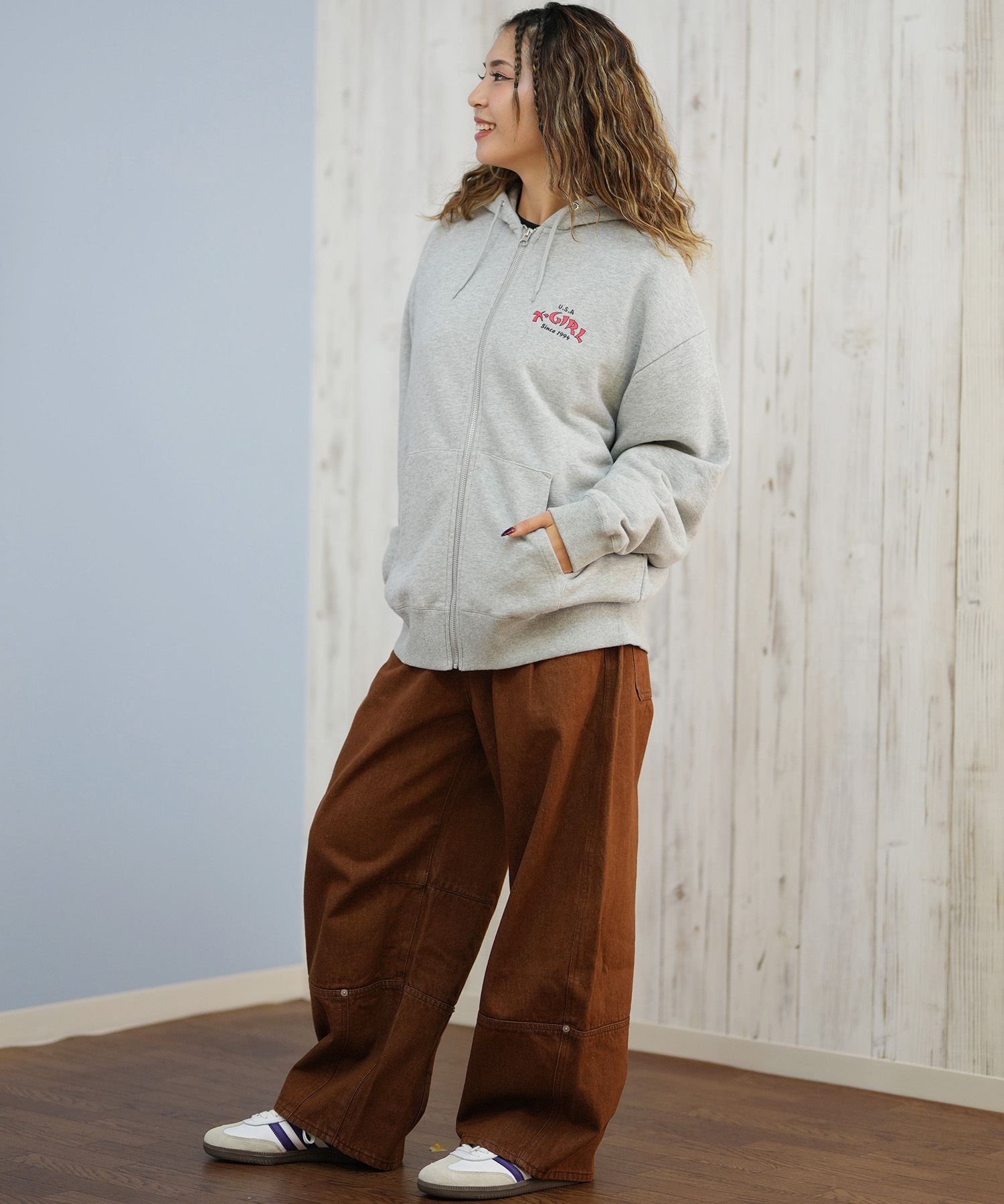 X-GIRL エックスガール ジップアップ パーカー レディース バックプリント ロゴ ARCH LOGO ZIP UP HOODIE 105253012022(ASH-S)