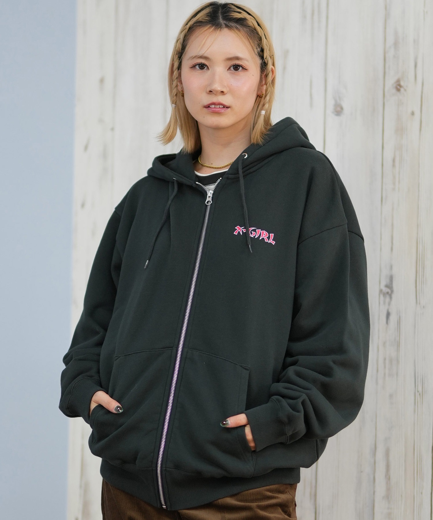 X-GIRL エックスガール ジップアップ パーカー レディース バックプリント ロゴ HEART ZIP UP HOODIE 105253012024(ASH-S)