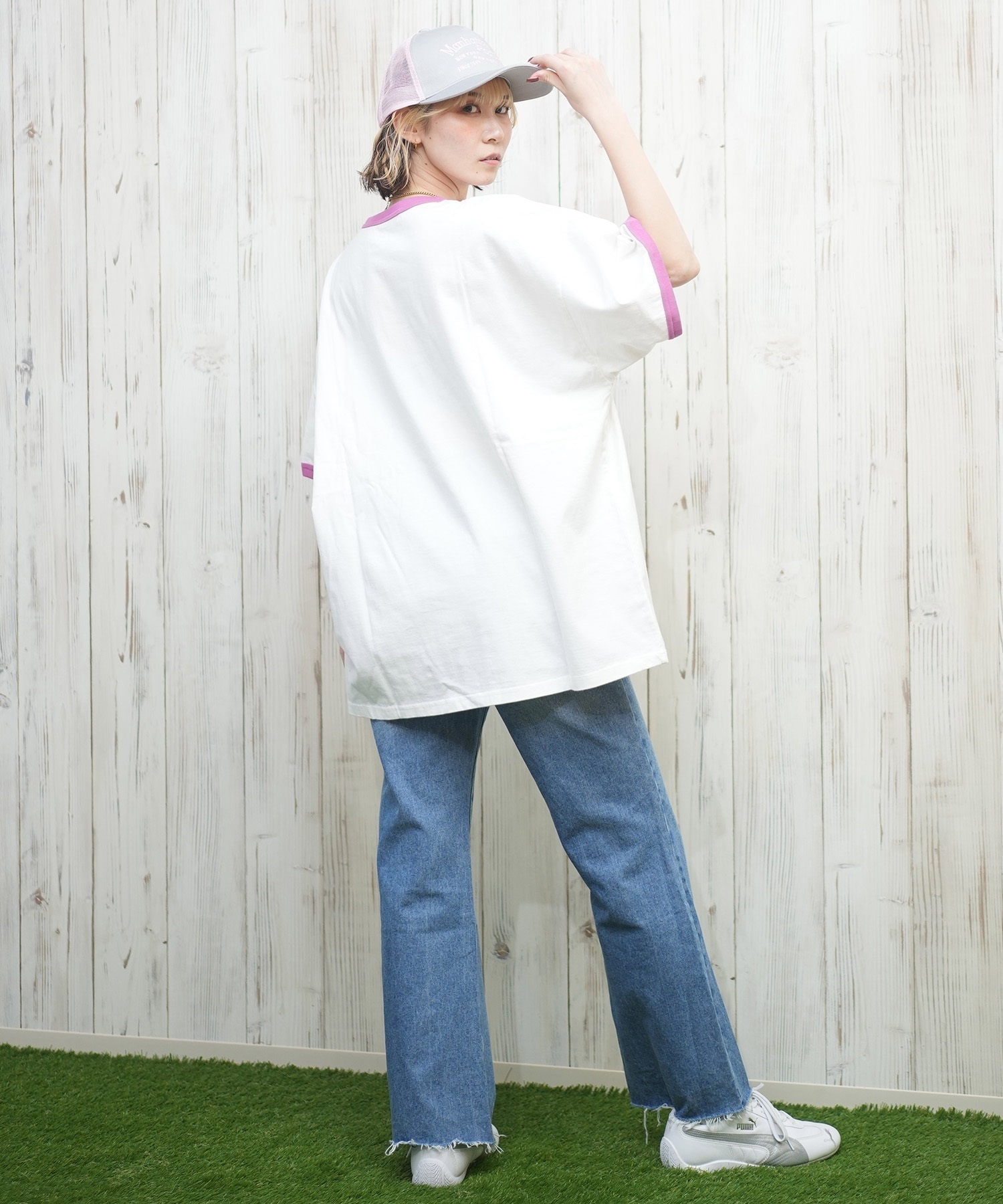 X-girl エックスガール 半袖 Tシャツ レディース リンガーシャツ フロントロゴ オーバーサイズ ARCH LOGO S S RINGER BIG TEE 105251011027(BLACK-S)