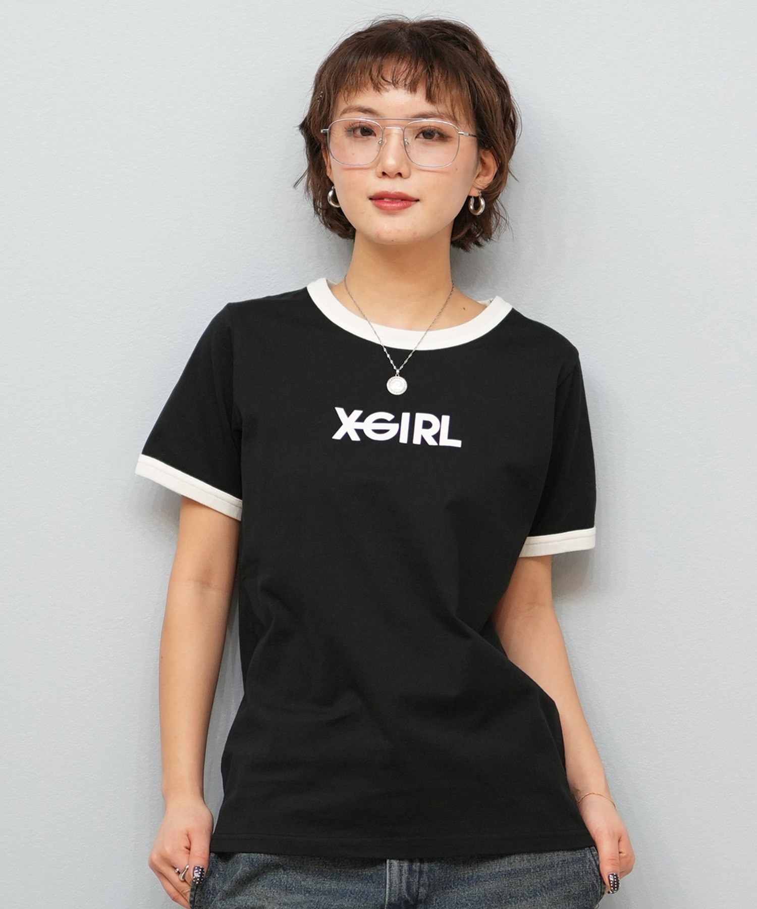 X-girl エックスガール 半袖 Tシャツ レディース リンガーシャツ フロントロゴ LOGO S S RINGER CLASSIC TEE 105251011031(BLACK-S)