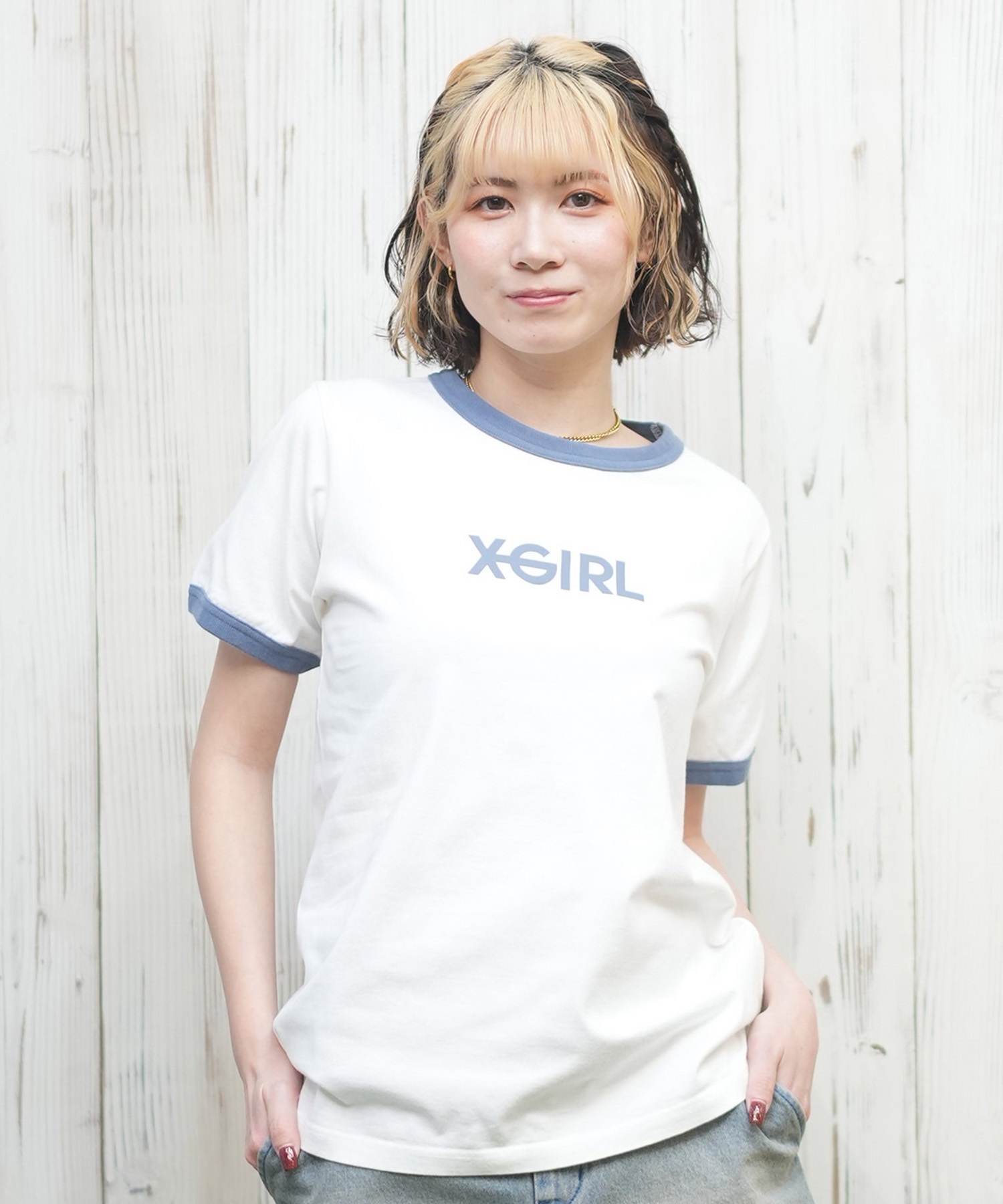 X-girl エックスガール 半袖 Tシャツ レディース リンガーシャツ フロントロゴ LOGO S S RINGER CLASSIC TEE 105251011031(BLACK-S)