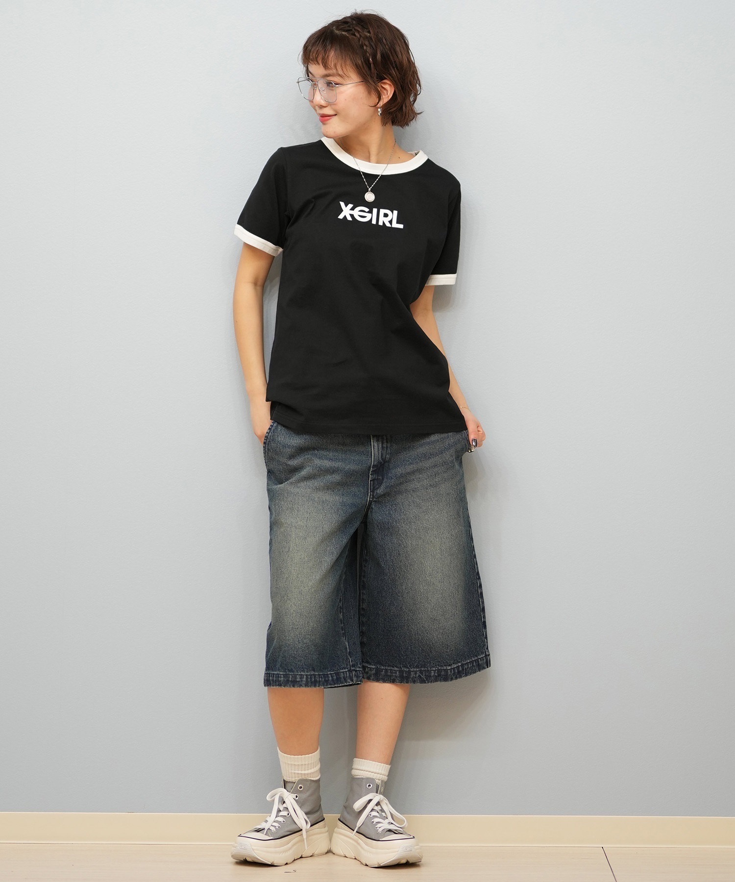 X-girl エックスガール 半袖 Tシャツ レディース リンガーシャツ フロントロゴ LOGO S S RINGER CLASSIC TEE 105251011031(BLACK-S)
