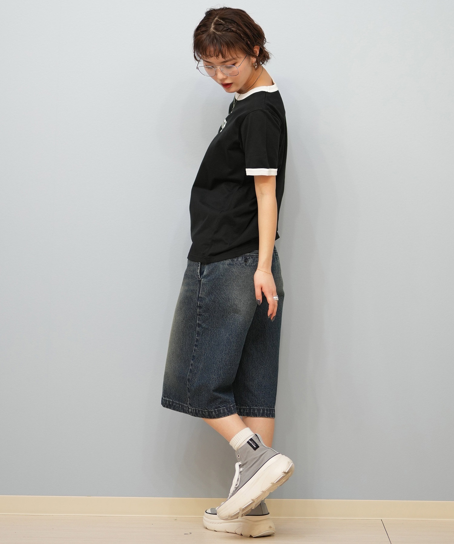 X-girl エックスガール 半袖 Tシャツ レディース リンガーシャツ フロントロゴ LOGO S S RINGER CLASSIC TEE 105251011031(BLACK-S)