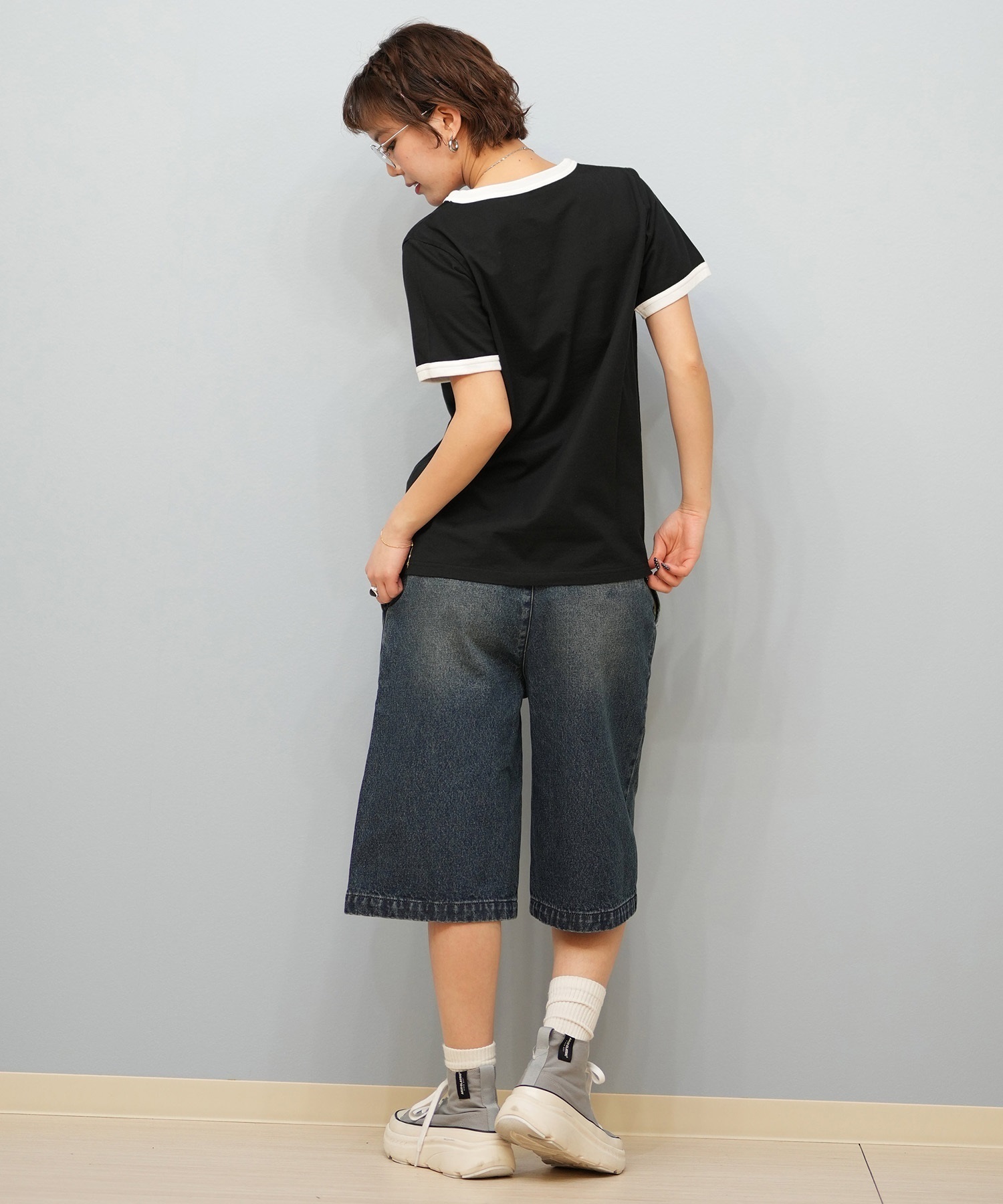 X-girl エックスガール 半袖 Tシャツ レディース リンガーシャツ フロントロゴ LOGO S S RINGER CLASSIC TEE 105251011031(BLACK-S)