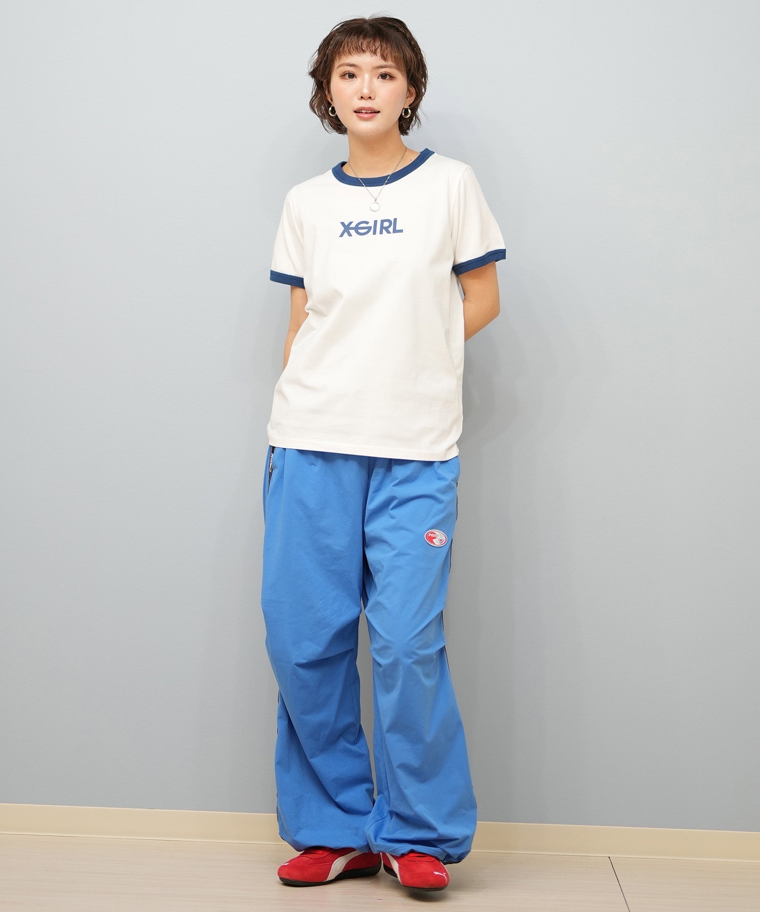 X-girl エックスガール 半袖 Tシャツ レディース リンガーシャツ フロントロゴ LOGO S S RINGER CLASSIC TEE 105251011031(BLACK-S)