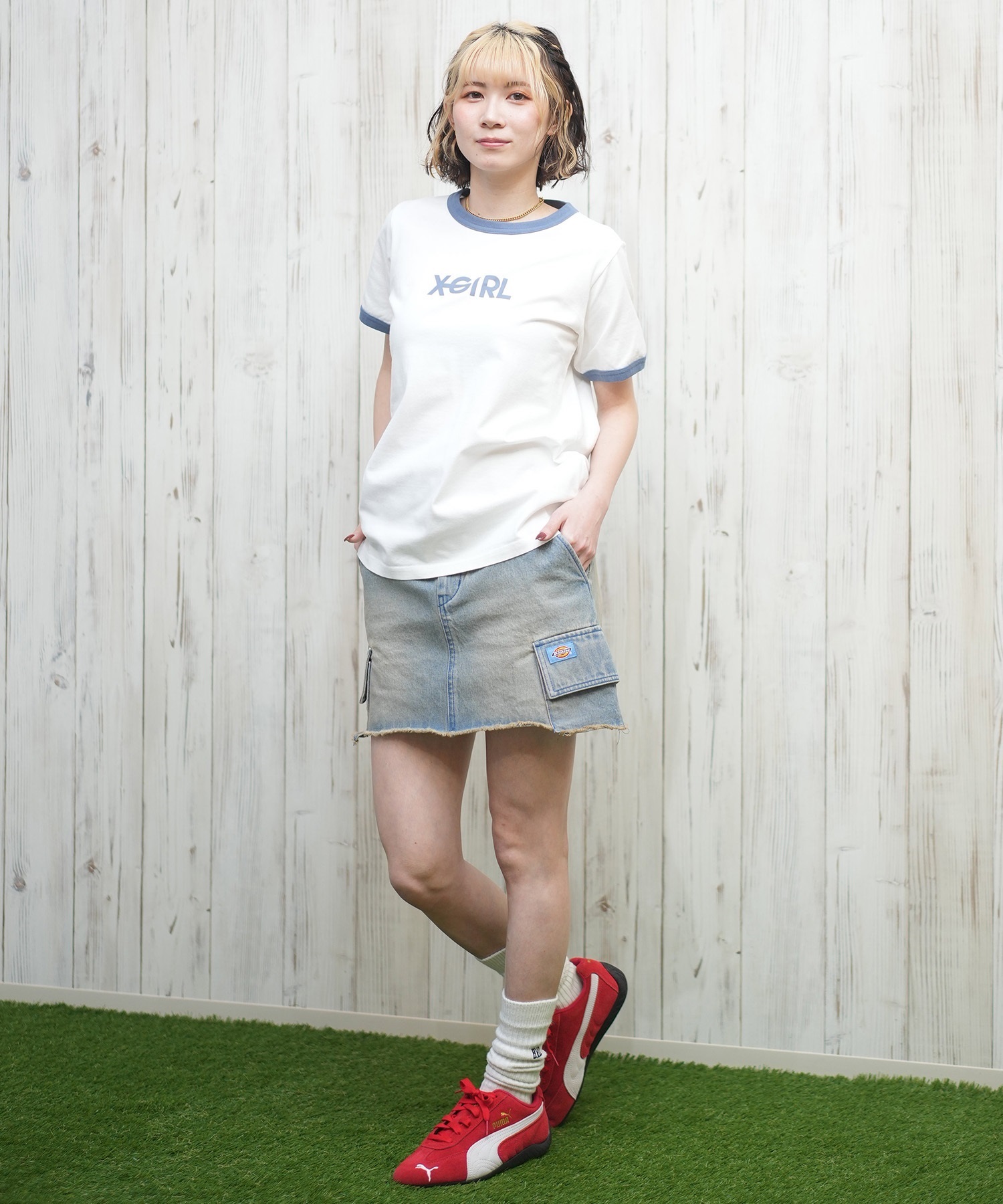 X-girl エックスガール 半袖 Tシャツ レディース リンガーシャツ フロントロゴ LOGO S S RINGER CLASSIC TEE 105251011031(BLACK-S)