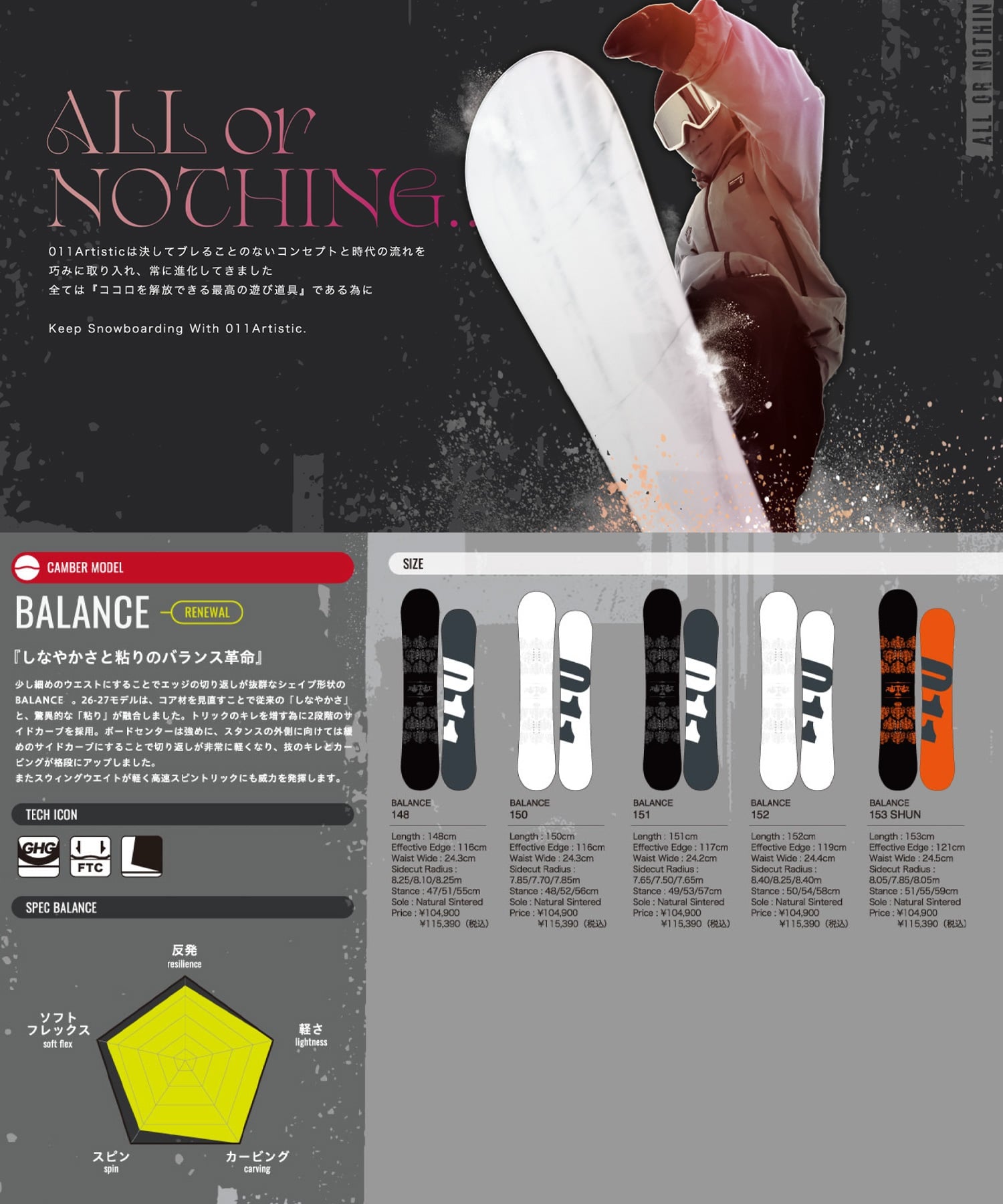 011Artistic ゼロワンワンアーティスティック バランス BALANCE スノーボード 板 グラトリ キャンバー 2段階サイドカーブ カービング メンズ 26-27 早期購入(ONECOLOR-148cm)